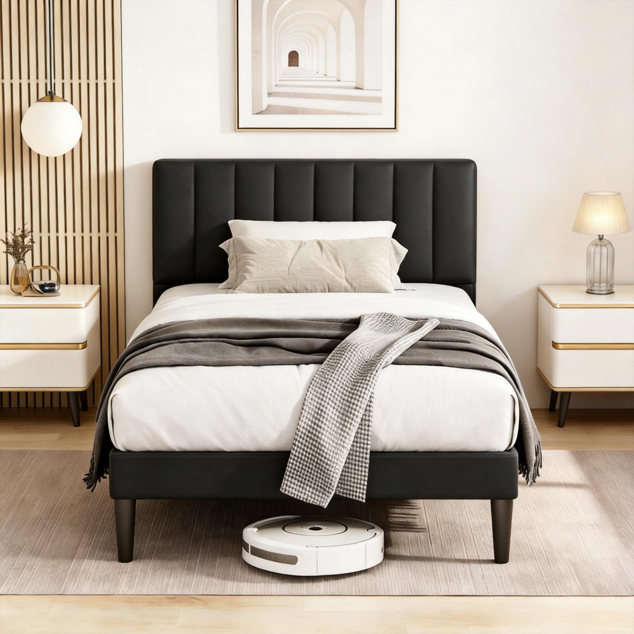 KUTAS 3FT Single Bed Frame 90 x 200 cm, Upholstered Bed Frame with Adjustable Headboard (3 Heights), Heavy Duty Metal Frame, Easy Assembly, Noise Free, Underbed Storage, 300kg, No Box Spring, Black — image 1