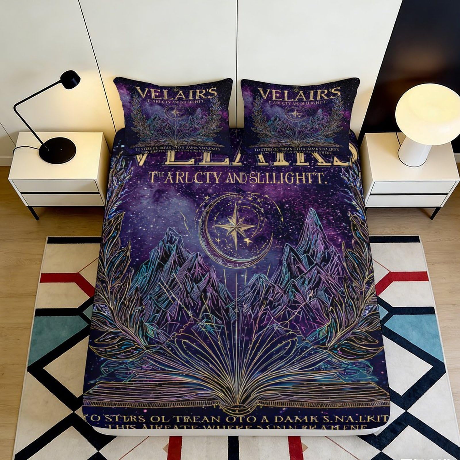 3D Printed Starry Night Sky Fitted Sheet Microfiber Purple Mountain Mattress Cover Anti-Slip Machine Washable Decor 90x200x25cm