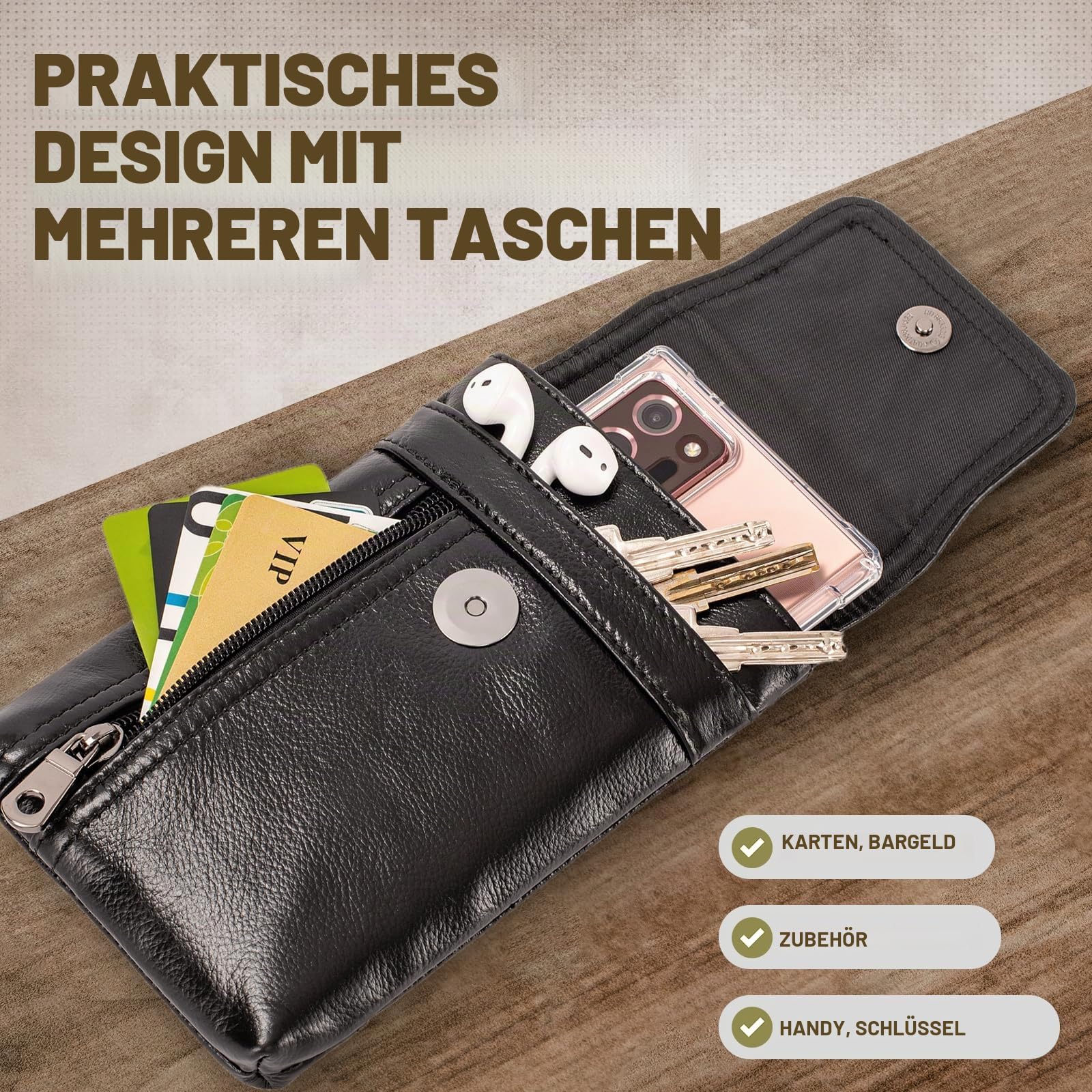 Echtes Leder Handyhülle für iPhone 17 16 15 14 Pro Max, 16 Plus, Handyhüllen zum Umhängen, Handyhalter Holster für Samsung Galaxy F06 A06 5G, S25 S24 S23 Ultra S25+ mit Gürtelclip Gürteltasche