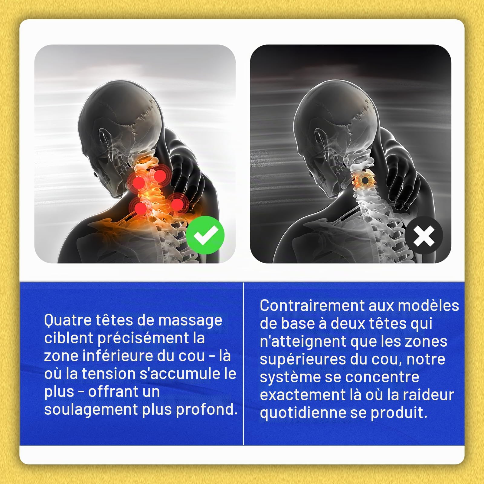 Masseur électrique de cou avec chaleur – 2.0 Pro 4 têtes de massage de la colonne cervicale pour soulager les douleurs aux épaules, 16 niveaux d'intensité, design ergonomique, masseur nerveux portable