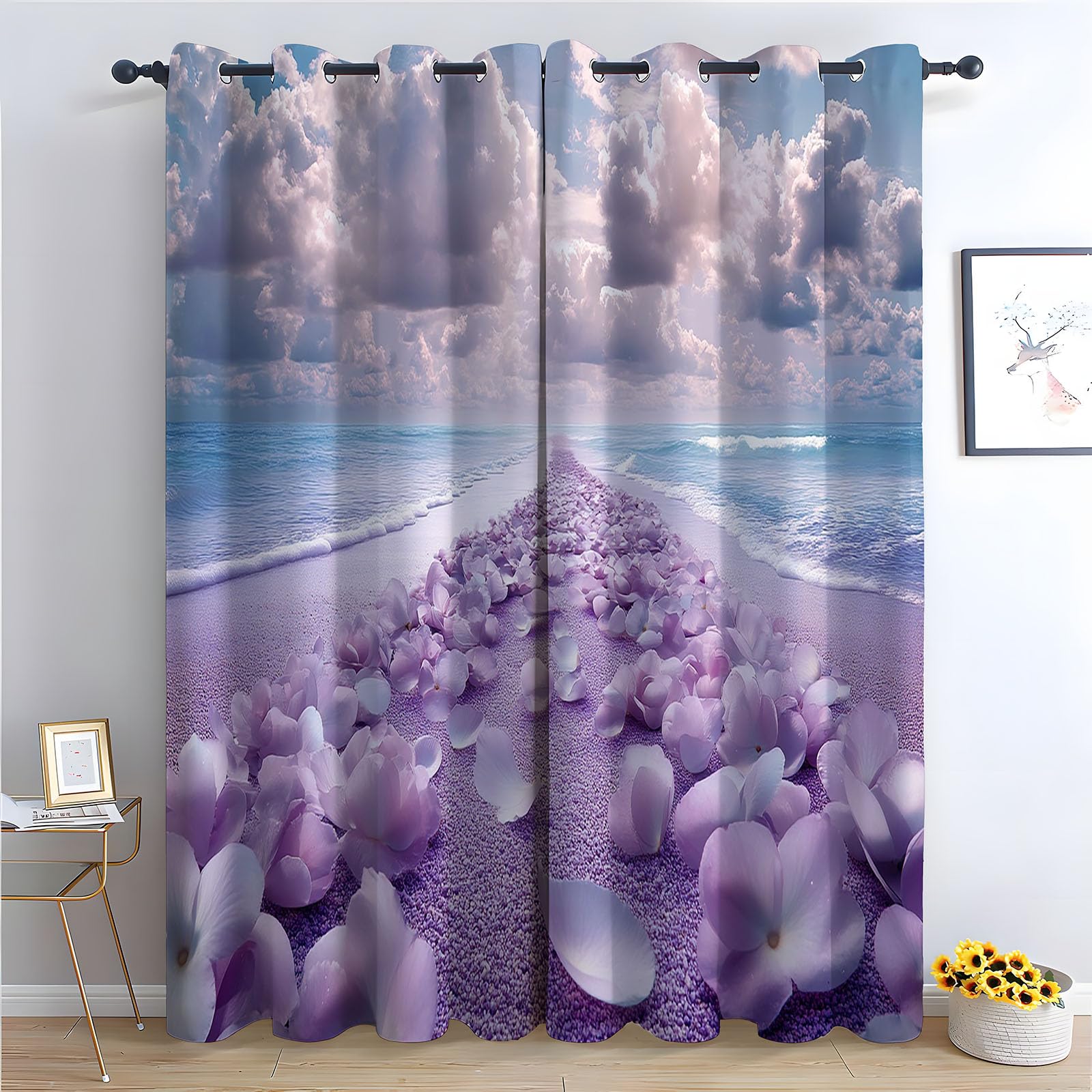 WIKEO Floral Curtains Beach Flower Scenery Forest Printed Room Darkening Curtain for Bedroom, Privacy Eyelet Thermal Insulated Green Curtain for Girls Room-52 W x 96" L (Pack of 2)