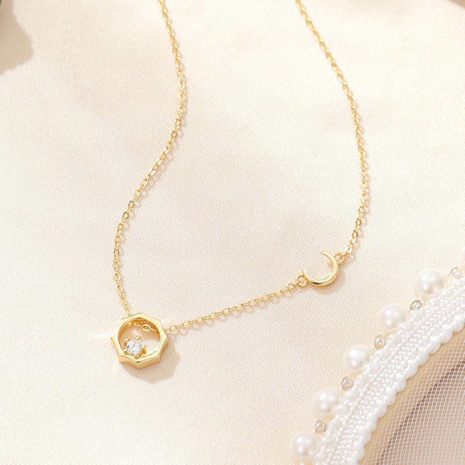 Collar de oro de 14 quilates para mujer, collar de oro amarillo de 9 quilates, 14 quilates, 18 quilates con sol y luna, cadena Rolo: 40 + 5 cm