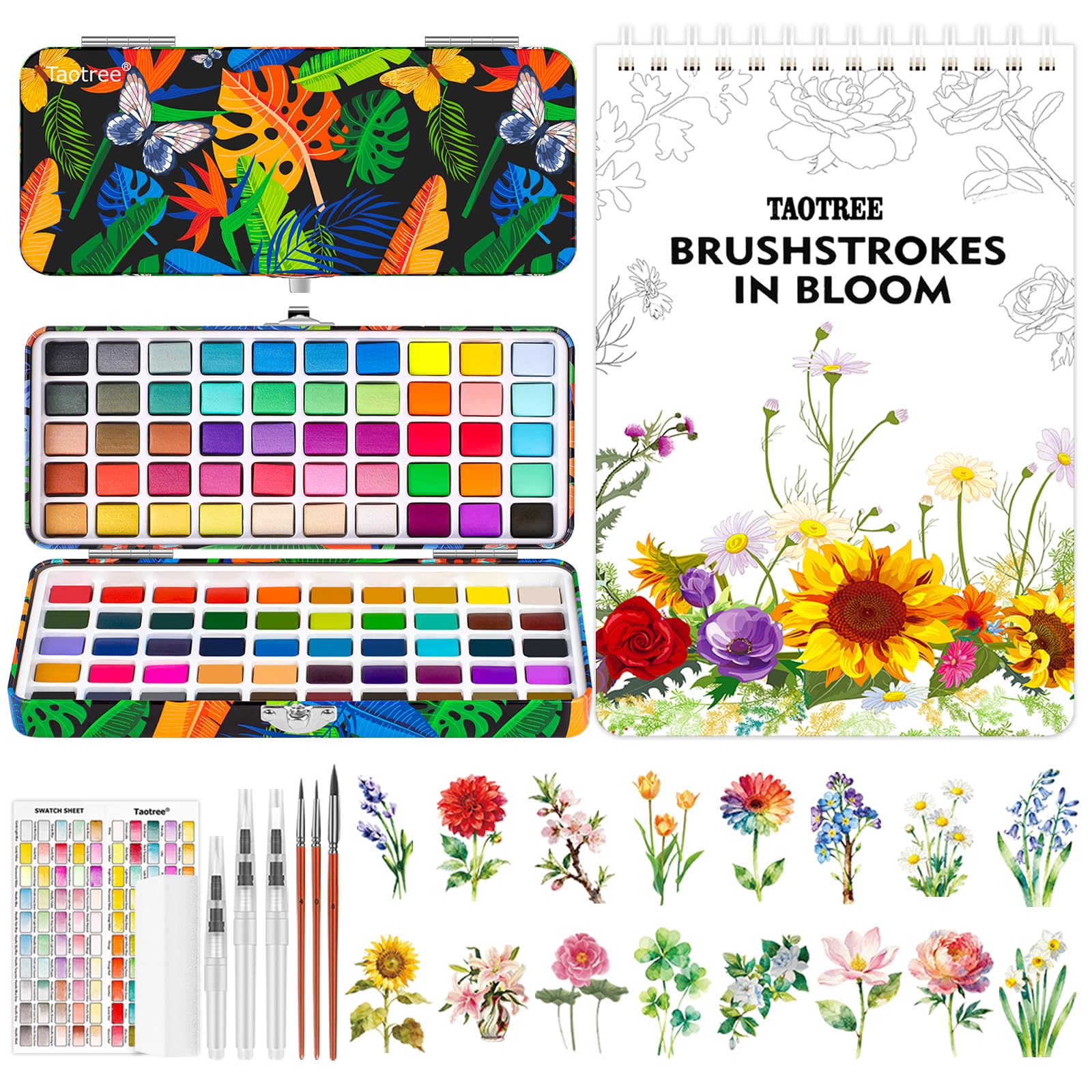 Taotree 100 Colors Watercolor Paint Set with 16 Flowers Watercolor Workbook