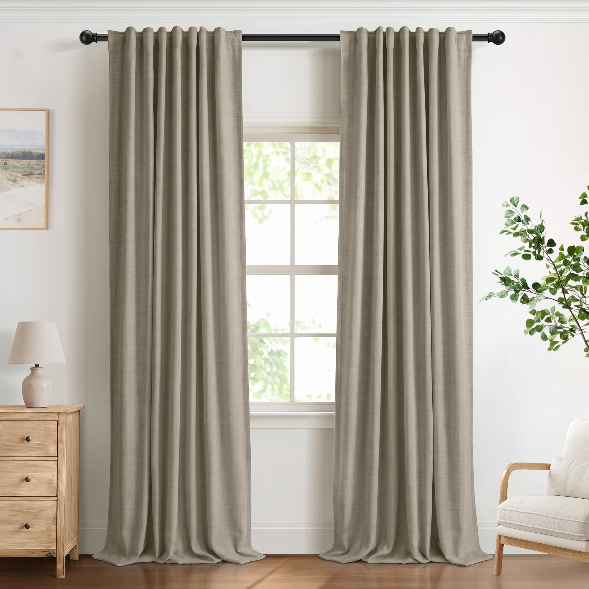 DEFYNEE 100% Blackout Curtains for Bedroom, 50 x 90 Inch Drop, Back Tab/Rod Pocket, Thermal Insulated Curtains with Coating Back Layers, for Room Darkening Privacy Protection, 2 Panels, FauxLinen