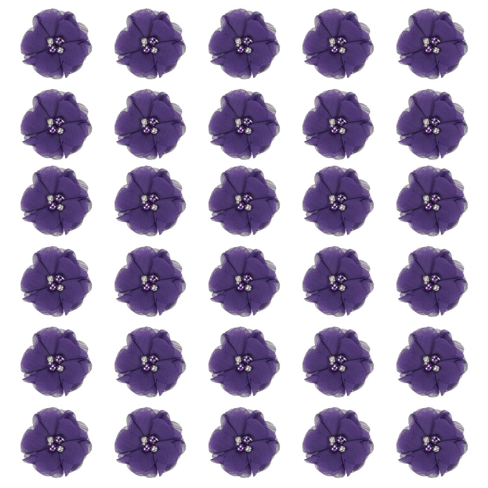 PATIKIL 2 Inch Chiffon Flowers, 30 Pcs Rhinestone Pearl Sewing Fabric Flowers Artificial Appliques Embellishments for Clothing Wedding DIY Craft Headbands Decor, Dark Purple — image 1