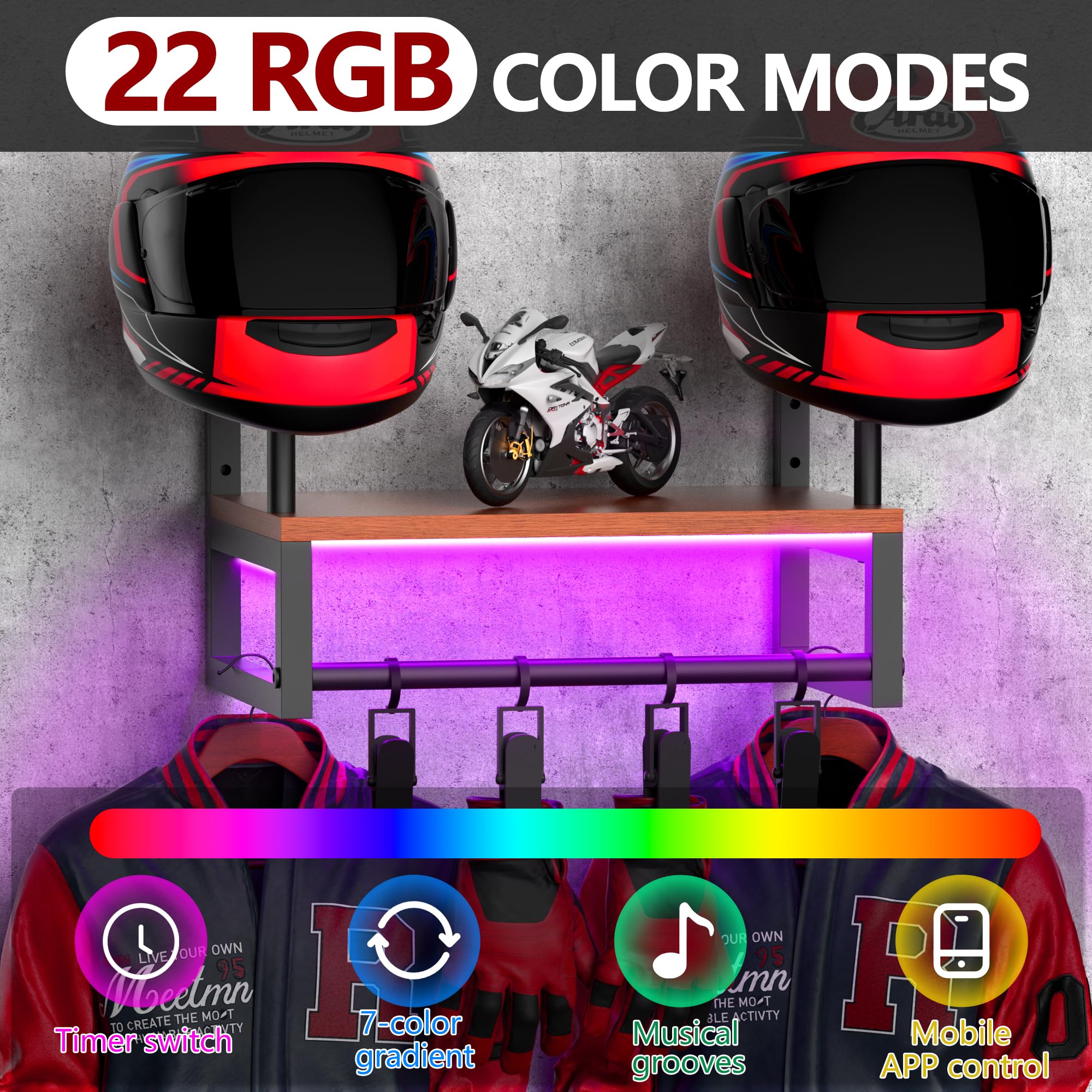 HDPRHGRD Motorcycle Helmet Holder Mount, Helmet Rack Wall Mount, Motorcycle Accessory Display, Helmet Rack with RGB Lights Strip