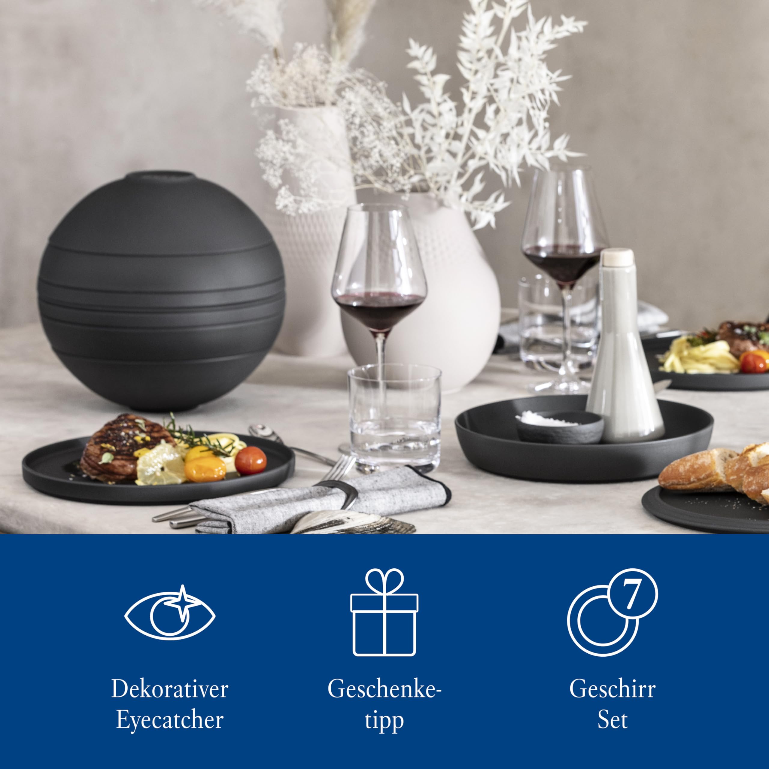Villeroy & Boch – La Boule Dinner-Set Schwarz, Spülmaschinenfest, Mikrowellensicher, Geschirr, Teller, Porzellan, Schale, Deko, Premium Porzellan