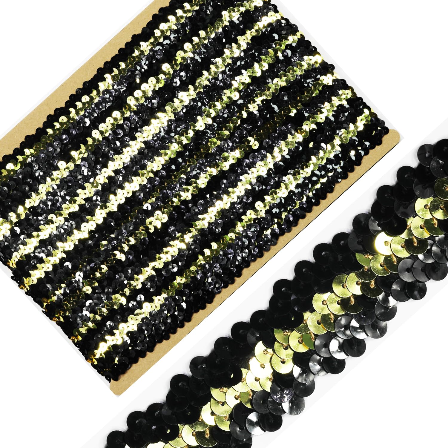 Length10 Yards,Wide 1.18 Inch Black/Gold Elastic Sequin Ribbon Trim for Sewing Dress Dance Costumes Headband (Black/Gold) — image 1