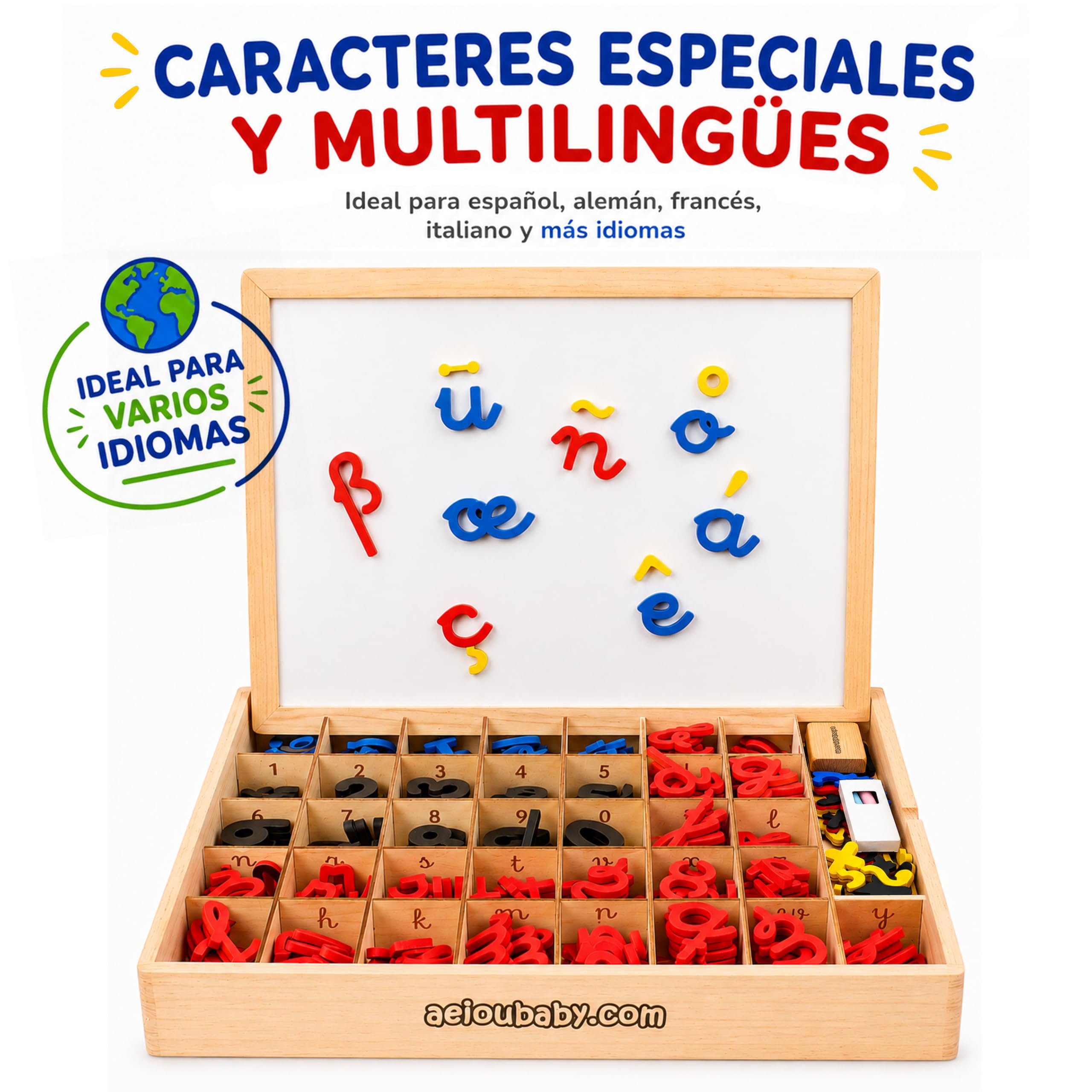 Lettere e numeri magnetici Montessori | Legato Cursive Mobile Legate. Maiuscole, minuscole e cifre in gomma EVA | Lavagna reversibile e scatola di legno | Gioco educativo Imparare a leggere e scrivere
