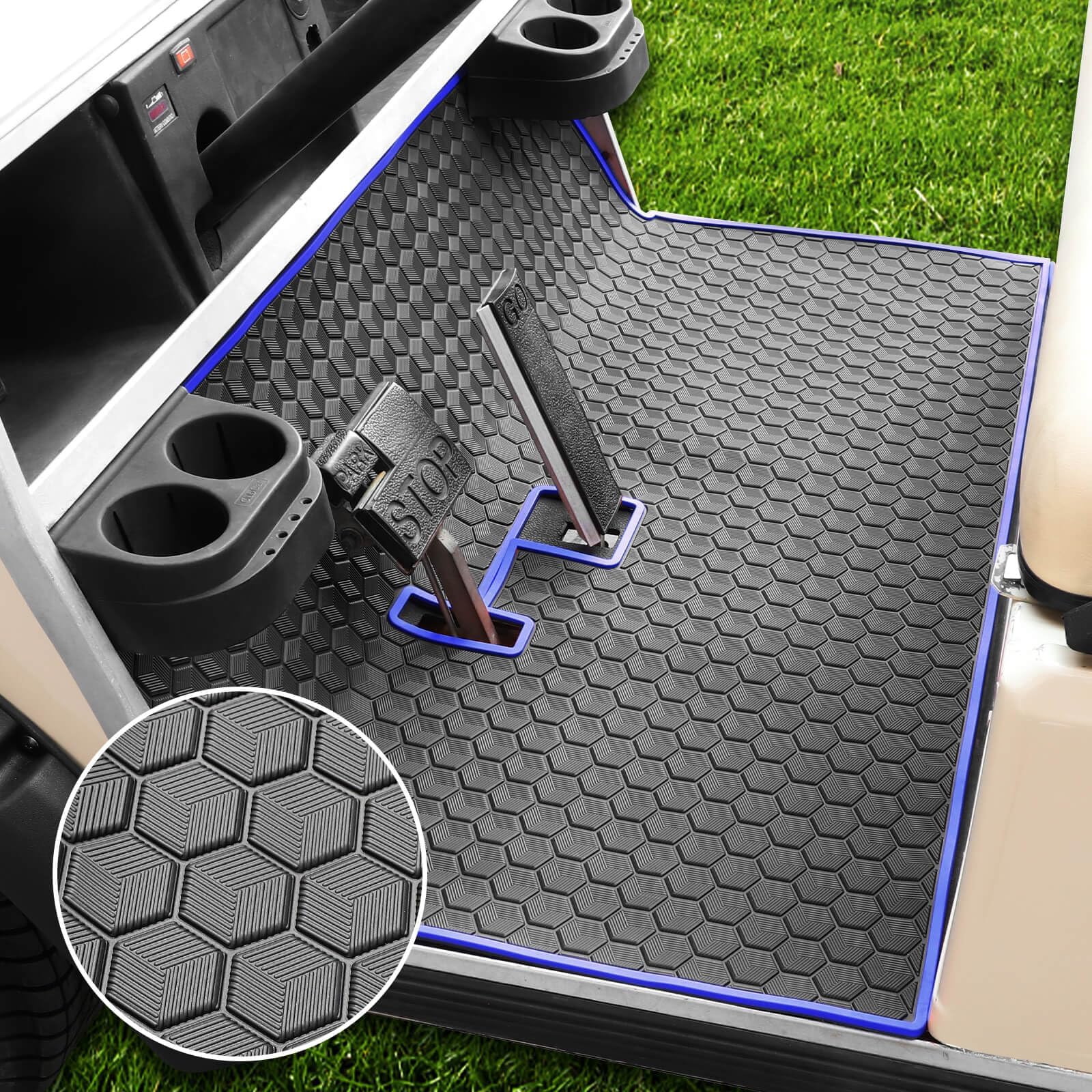 Club Car DS Floor Mat, Upgraded Non-Slip Full Coverage Golf Cart Floor Mat Replacement Think Rubber Fits Club Car DS 1982-2013 / Villager 1982-2018 (Blue Trim)