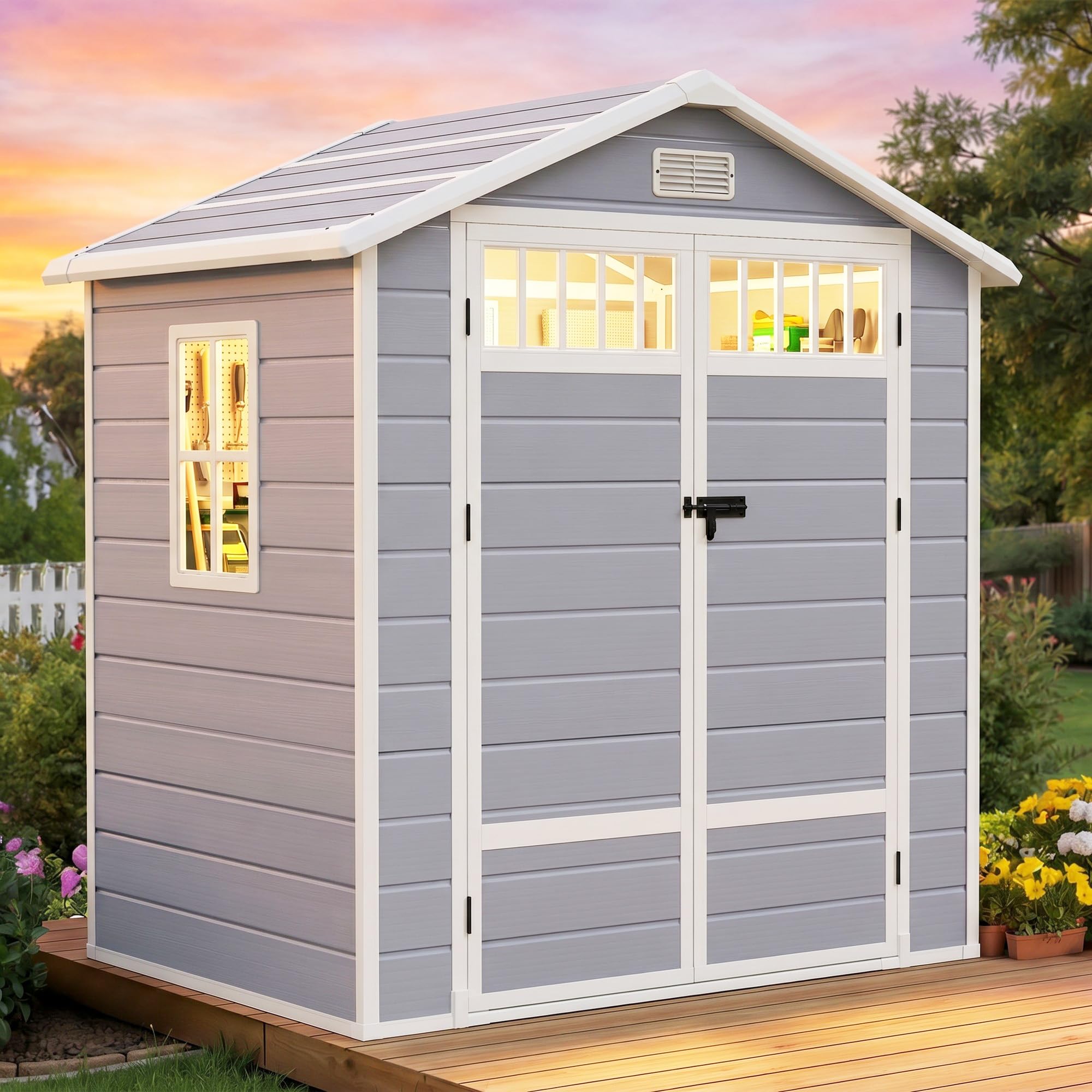 DWVO 6x4.4 FT Plastic Storage Shed with Fence-Style and Side Windows, Lockable Door, and Vents for Garden, Backyard, Patio, Lawn, Gray