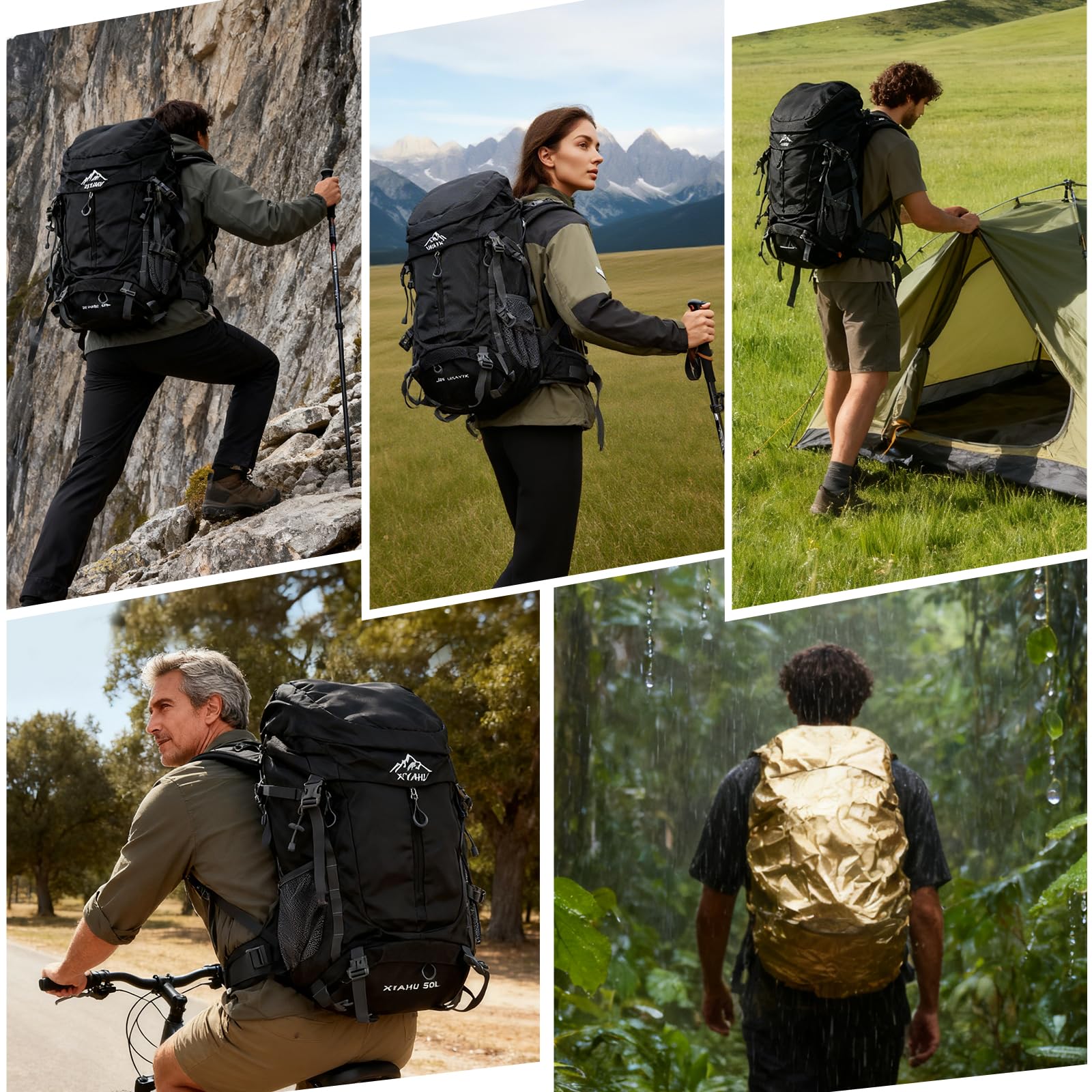 Wanderrucksack 60L Wasserdicht mit Regenhülle – Trekkingrucksack mit Tragesystem, Trinksystem-Kompatibilität, Schuhfach, Leicht & Ergonomisch für Camping, Wandern & Mehrtagestouren (Schwarz)