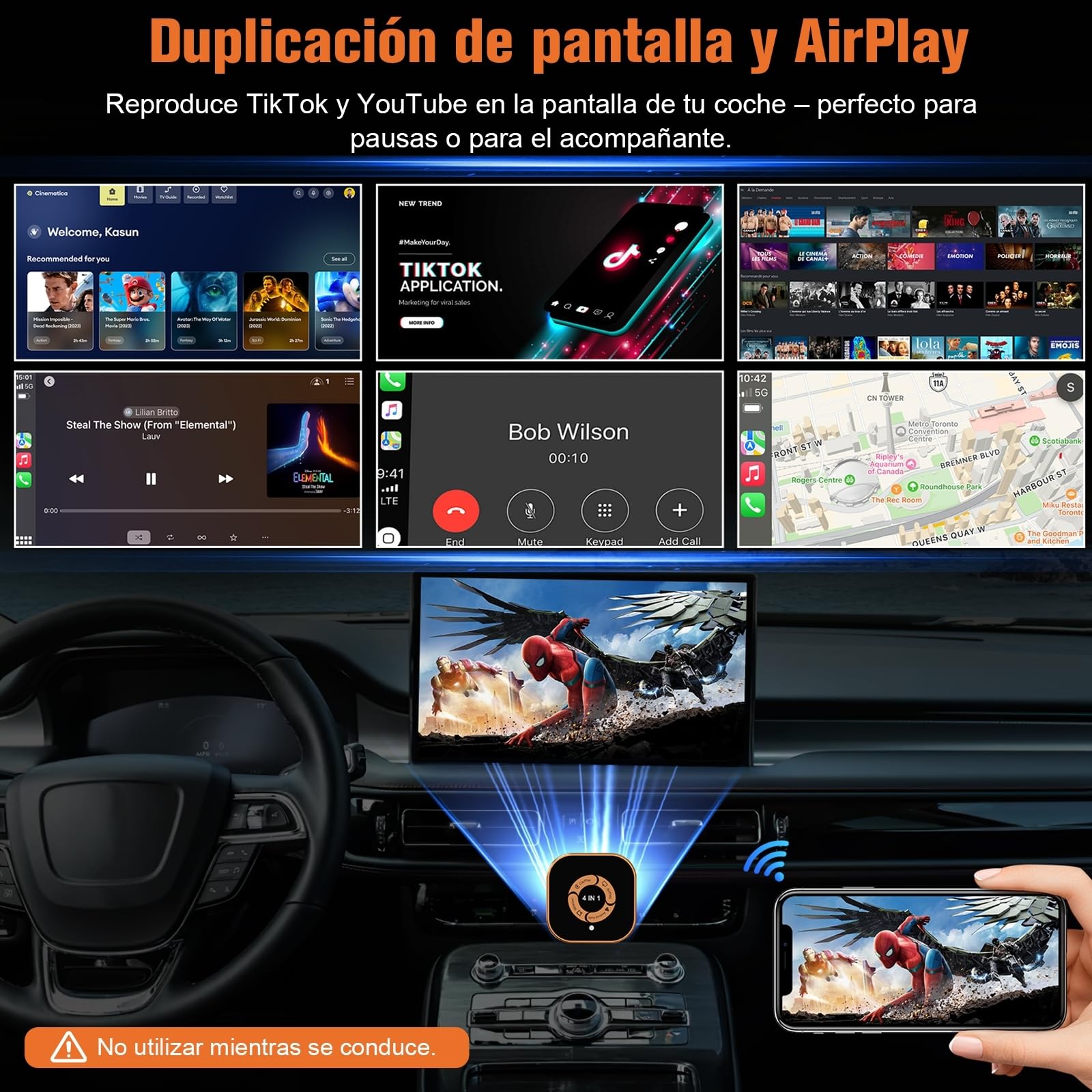 Adaptador CarPlay Inalámbrico 4 en 1: CarPlay Sin Cables y Android Auto Wireless AirPlay y Miracast - WiFi Doble Banda 2,4/5 GHz - Conexión Automática Plug & Play para Coches con CarPlay por Cable