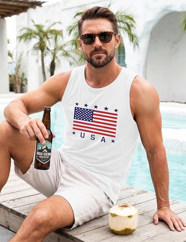 Tanihanp 4th of July Tank Tops for Men Summer Tropical Vacation Mens Tank Top USA Flag Workout Gym Muscle Cutoff Patriotic Shirts for Men White 2XL by Tanihanp - Used condition - Image 5