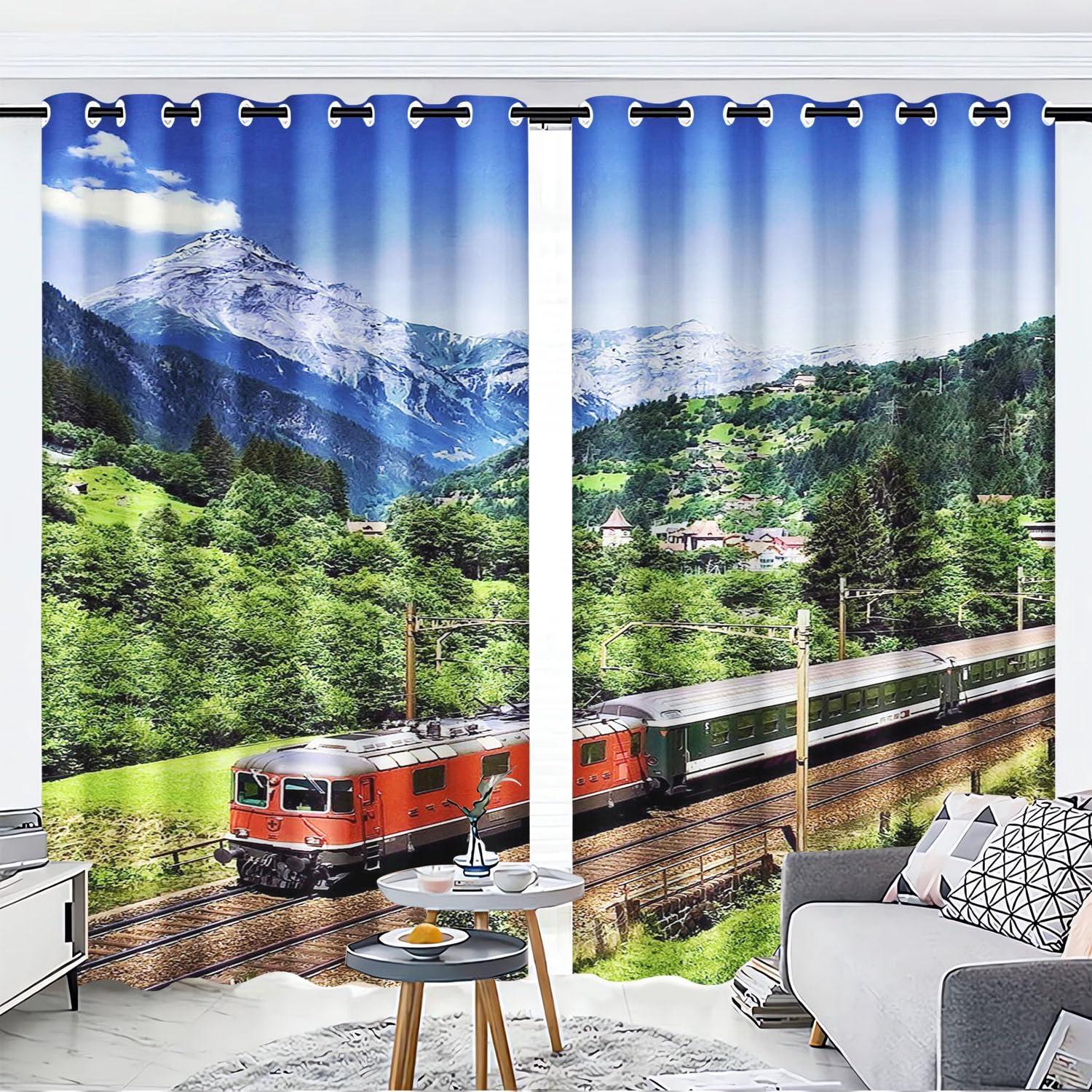 Vorhänge mit Ösen Blickdichte Vorhänge Zug Lokomotive Vorhang Polyester Zug Fenstervorhang 3D Home Dekoration Gardinen Für Kinderzimmer (1,220x215cm(2x110x215cm))