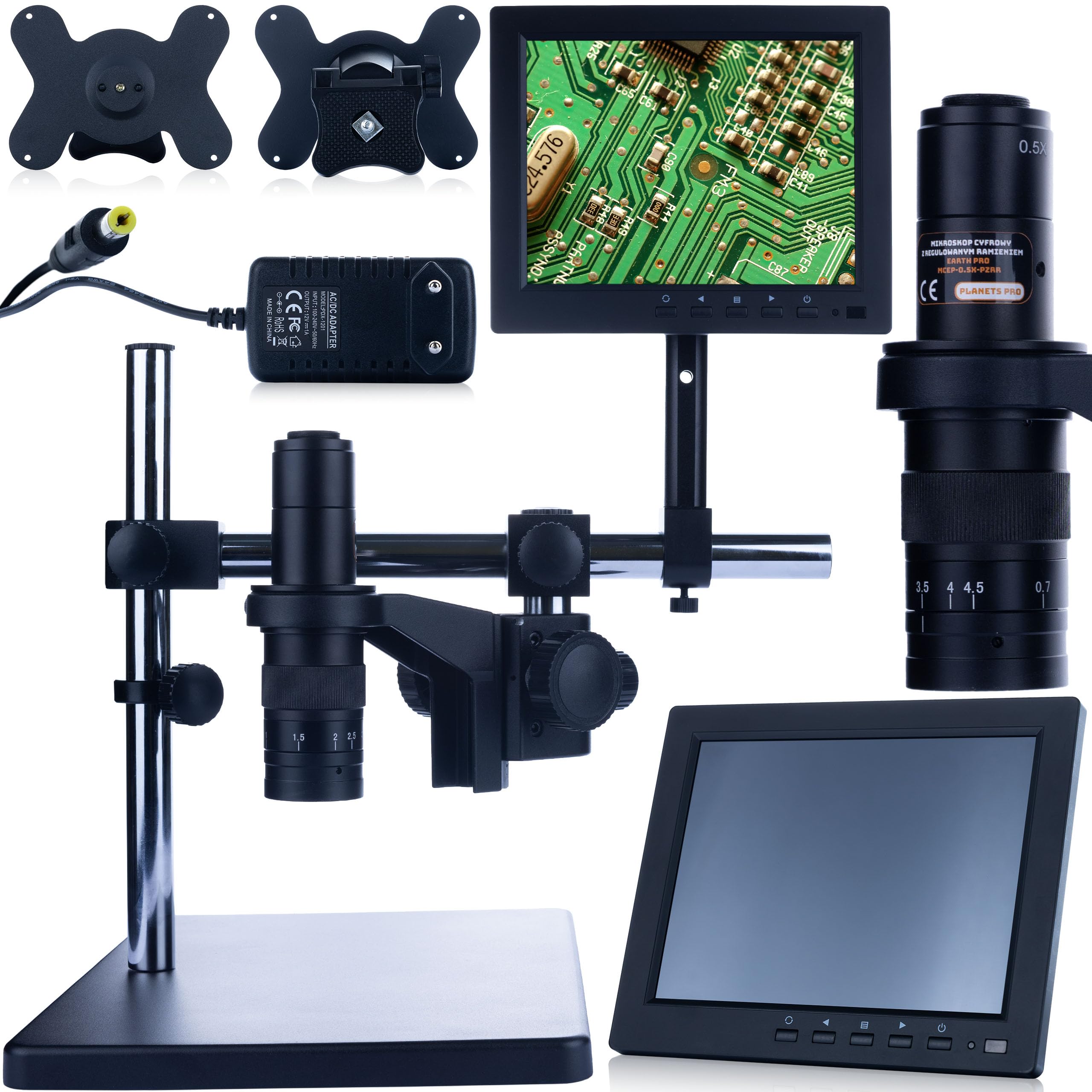 Rosfix Earth Pro MCEP-0.5X-PZRR - Microscopio digital con pantalla de 8" y soporte, zoom de 7 a 45x, montura C, lente de 360°, para electrónica, laboratorio, industria, microscopía estereoscópica