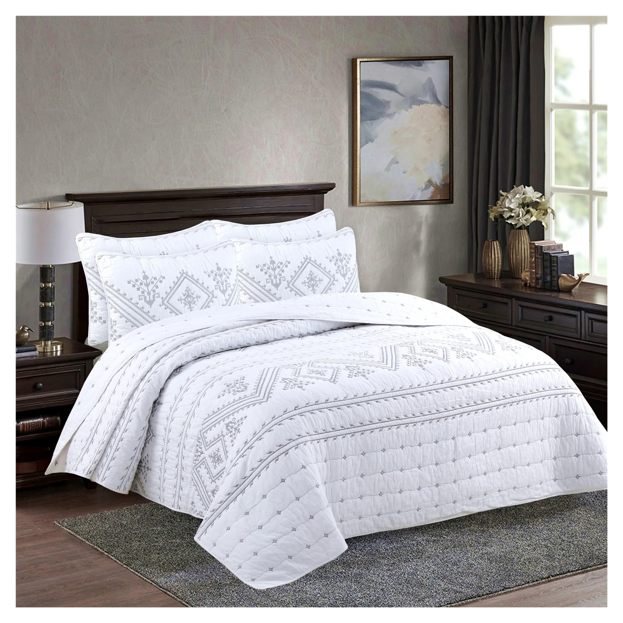 ADovz Copriletto in cotone 3 pezzi sul letto Plaid Copriletto ricamato Coperta di biancheria da letto Copriletti e coperte nordici Coprimaterasso,Lenzuola