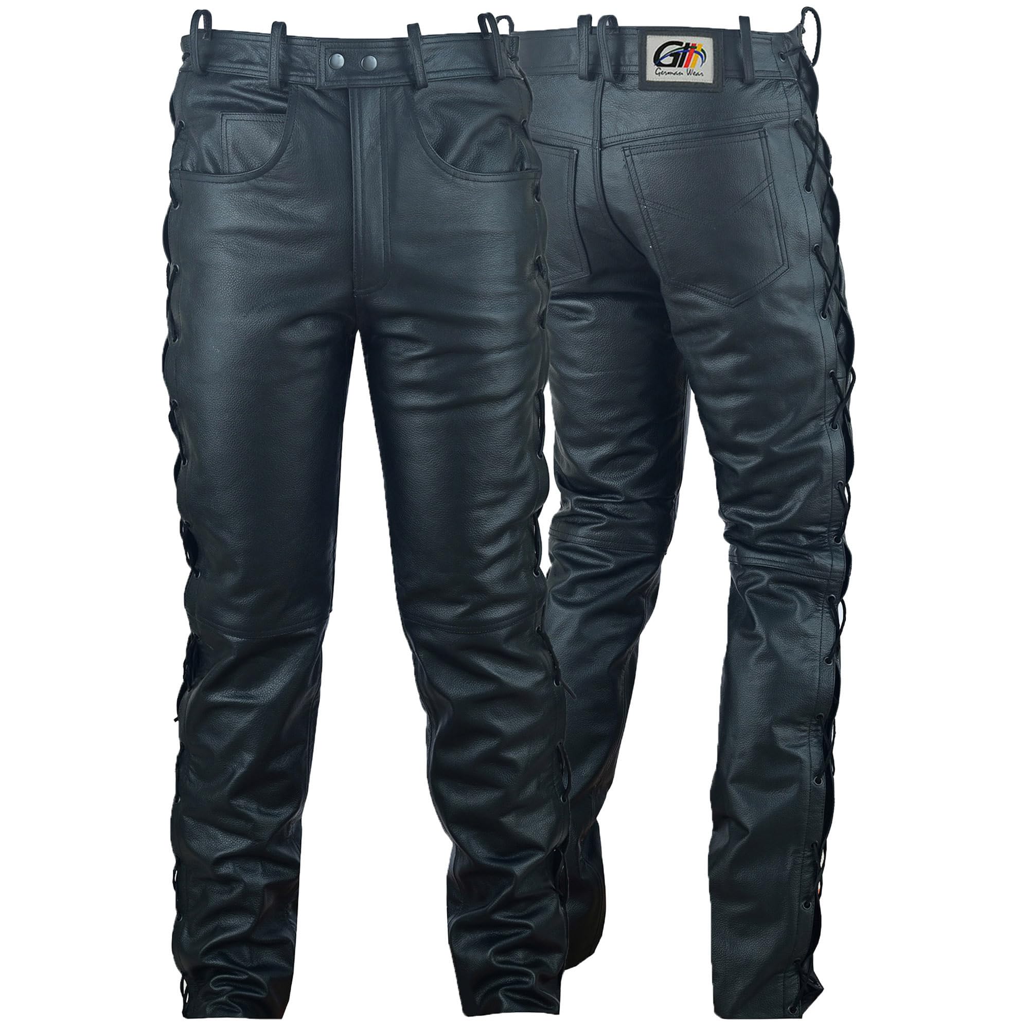 German Wear Lederhose lederjeans bikerjeans Büffelleder seitlich geschnürt Schwarz