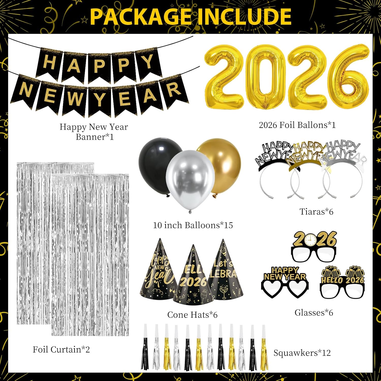 New Years Eve Party Supplies 2026 New Years Decorations Happy New Year Banner 2026 Balloons Hats Glasses Tiaras Squawkers Fringe Curtains for Party Decor Photo Props - Image 3