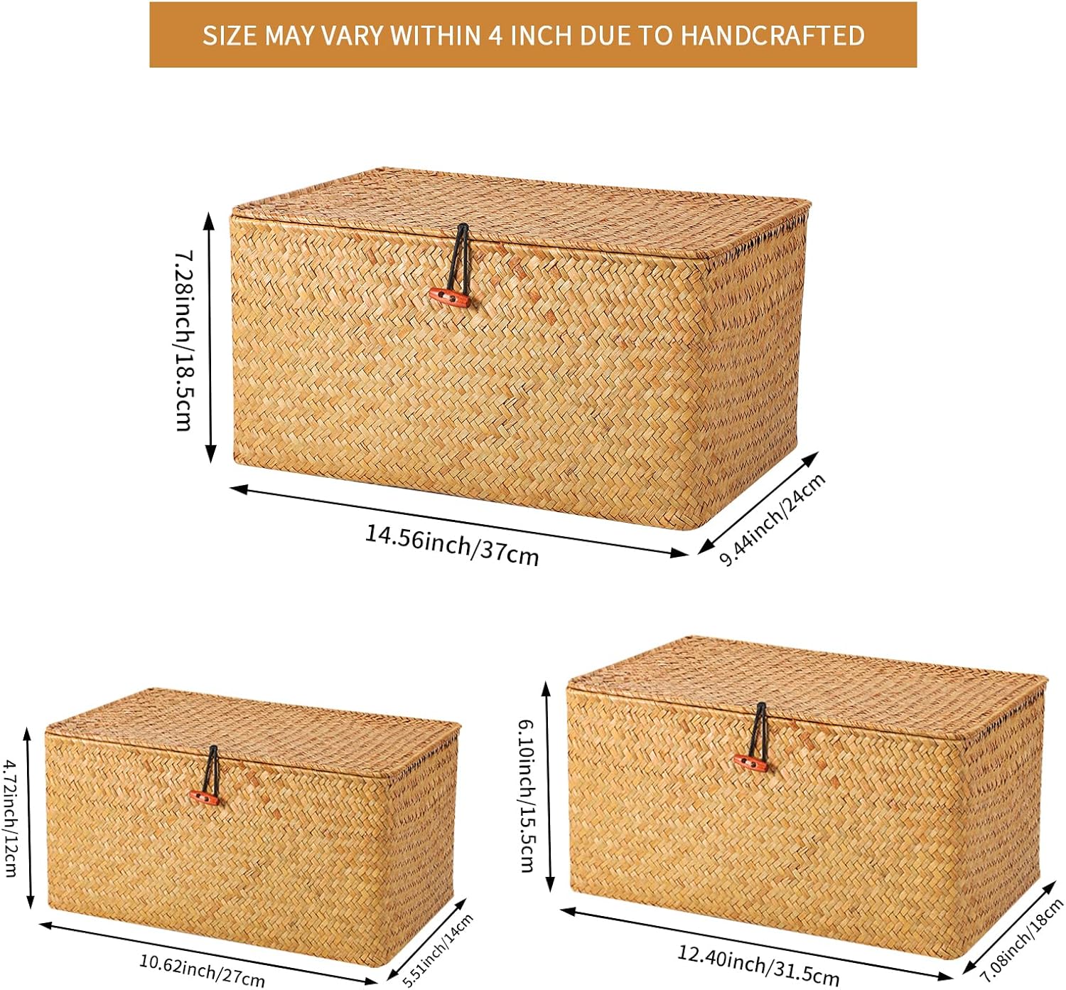 FEILANDUO Wicker Shelf Basket with Lids, Seagrass Storage Baskets Bins Rectangular Woven Baskets Boxes for Organizing Multipurpose Container Boho Home Decor Set of 3