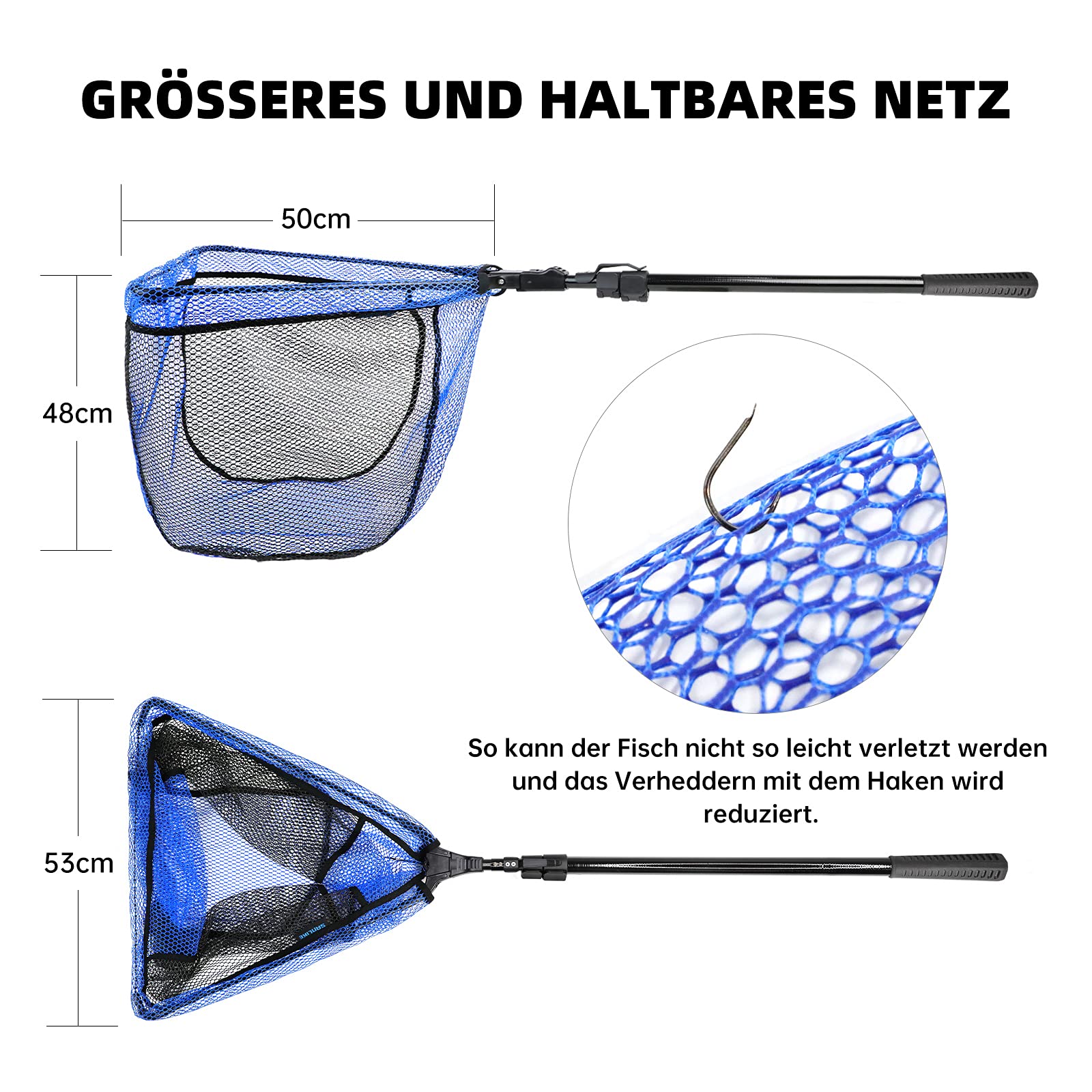 KOMCLUB Red de Pesca Plegable Telescópica 250cm, Red de Nailon Duradera, Redes Recubiertas de Goma, Sacaderas de Pesca Accesorios de Ppesca para Adultos, Azul