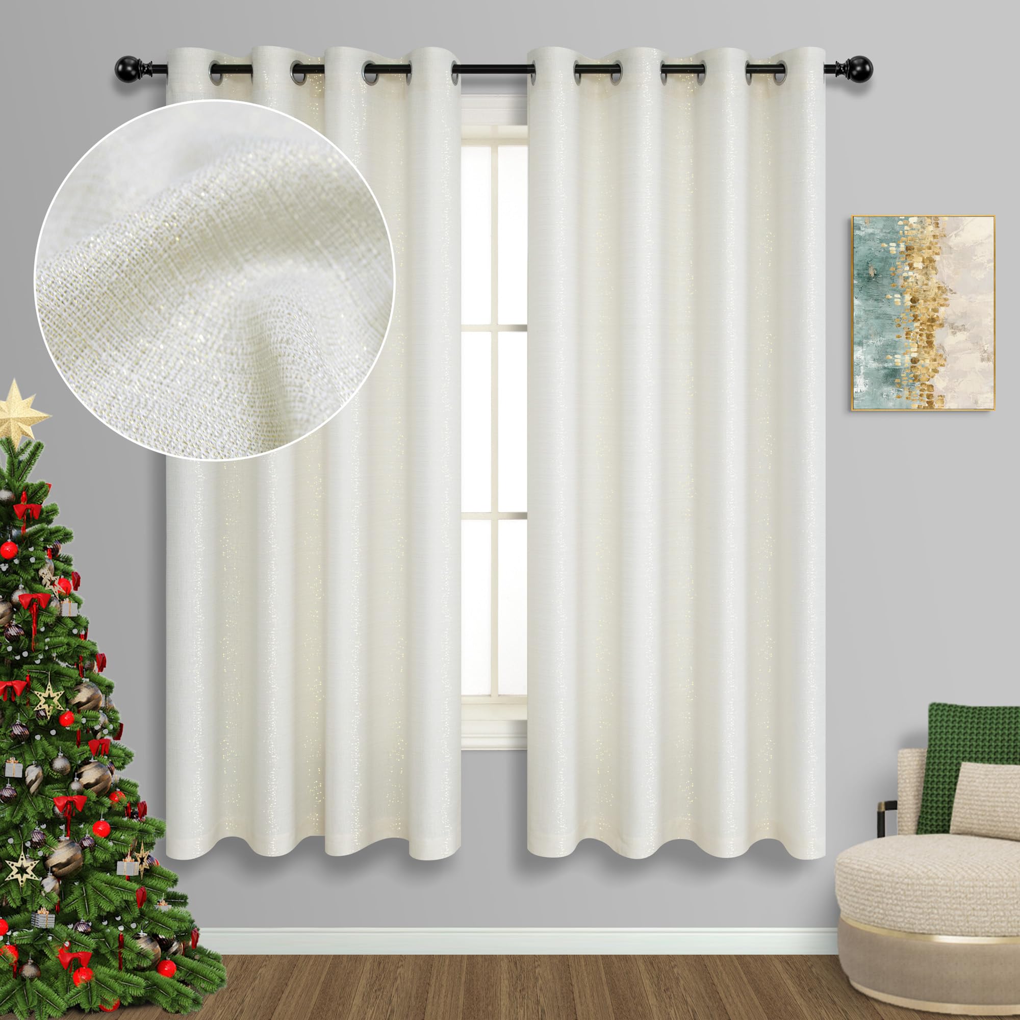 Cream and Gold Curtains 63 Inch Length for Bedroom 2 Panels Grommet Thick Sheer Semi Privacy Sparkle Glitter Shimmer Shiny Ivory and Gold Curtains for