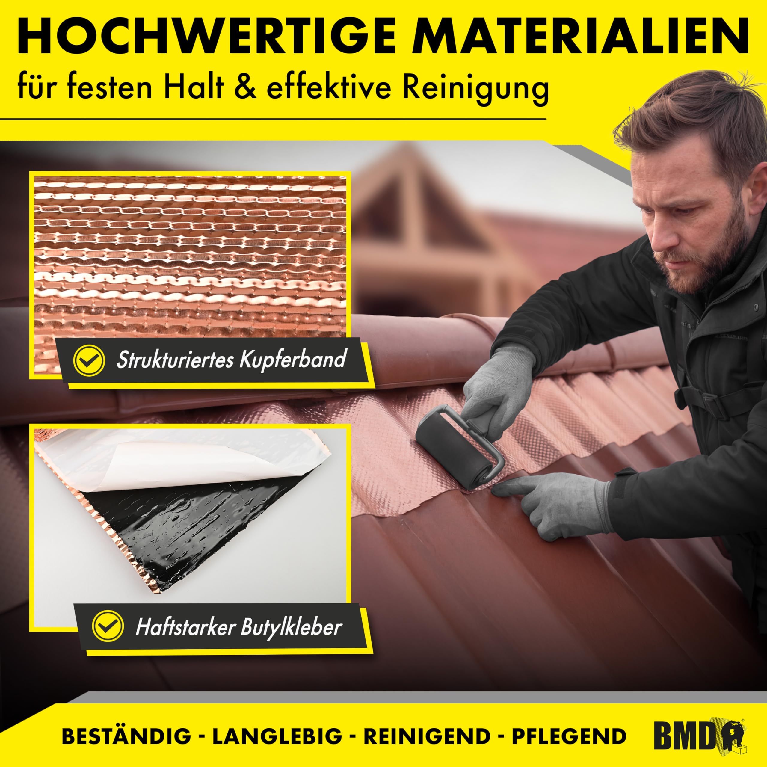 BMD 3D Moos Stopp Kupferband | 300mm x 5m | 2 Größen | UV-stabil | Butylkleber selbstklebend | Entmoosung von Dachziegeln | Profiqualität zur Reinigung des Daches | Anti-Moos