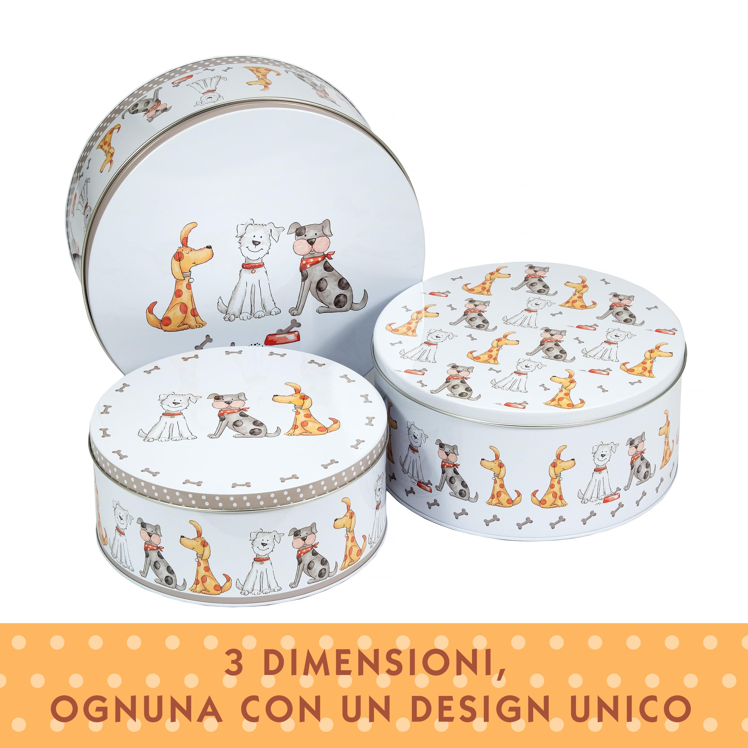 SPOTTED DOG GIFT COMPANY Set di 3 Scatole di Latta, Contenitori Impilabili per Biscotti in Metallo, Barattoli di Latta Rotondi Ermetici per Conservare Torte e Alimenti, Piccoli Medi Grandi - Cani