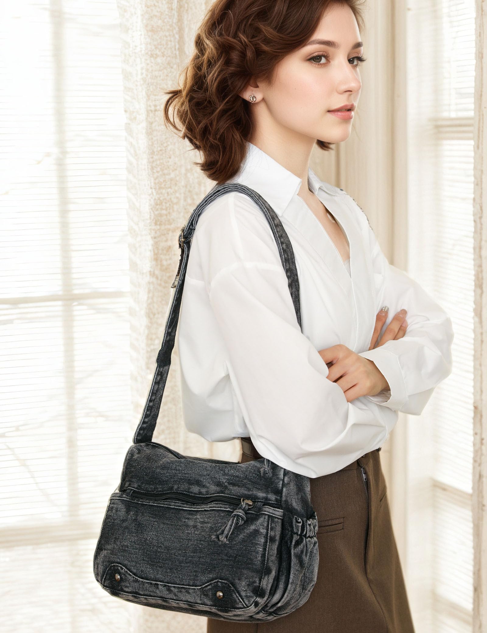 Borsa a tracolla in denim vintage da donna, tracolla regolabile, borsa a tracolla blu casual