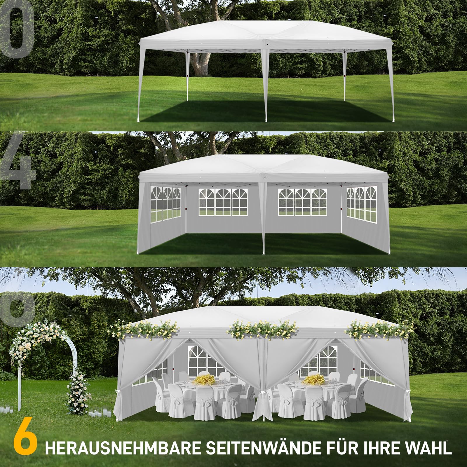 Pavillon 3x6 m,Faltpavillon Wasserdicht Windfest UV 50+ Sonnenschutz, mit 6 Seitenwände,4 Fenster,Höhenverstellbare, Stabil Gartenzelt Partyzelt für Garten, Party, Terrasse,Camping Weiß