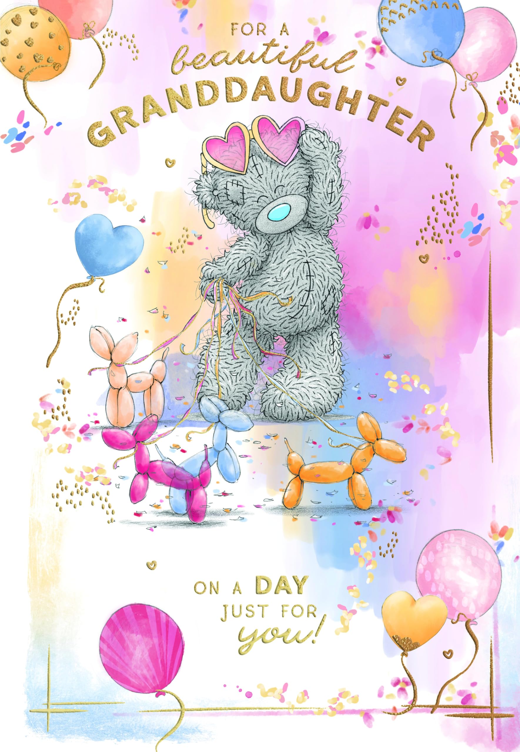 Me To You Tatty Teddy Beautiful Granddaughter Bear With Dog Balloons Luxury Gold Foil Birthday Card, 6 X 9 Inches - Official Collection