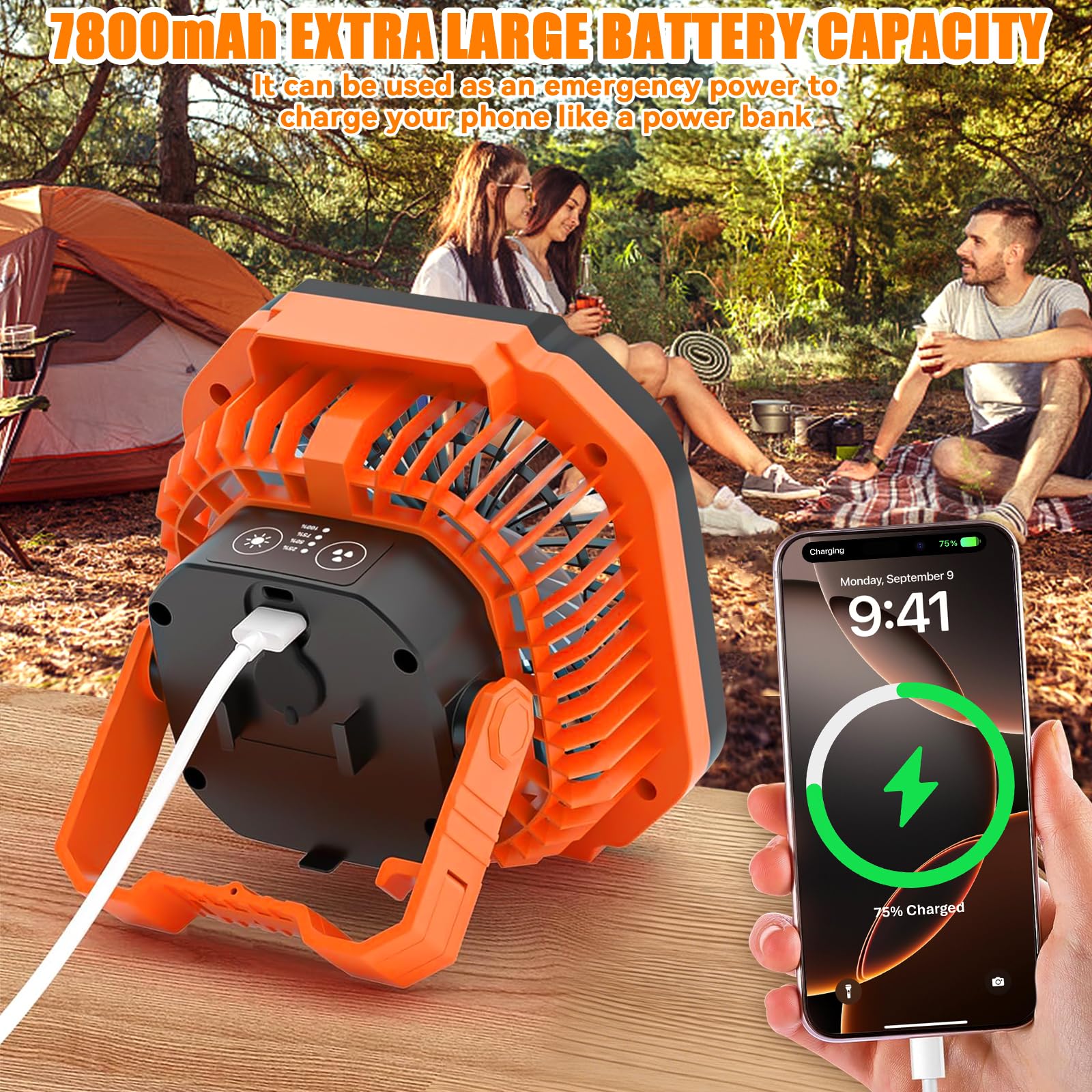 Ventilatore da campeggio, ventilatore da tavolo USB con batteria, luce, gancio, cinturino in paracord, 4 velocità, 3 regolazioni temporizzate, adatto per camera, campeggio, viaggio