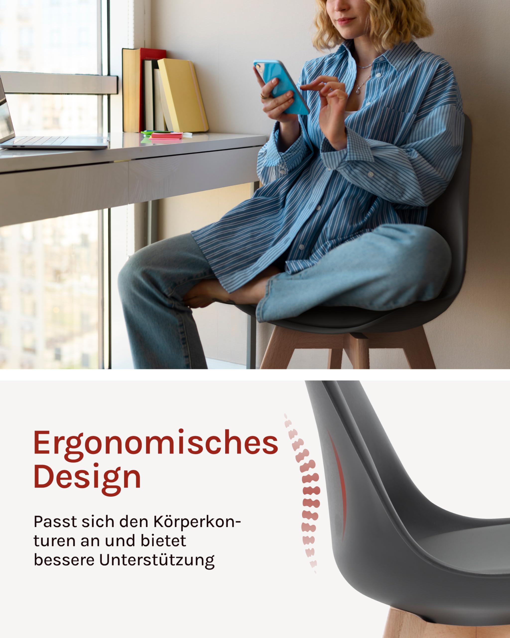 WOLTU Esszimmerstühle 4er Set, Skandinavische Küchenstühle Retro Design, Sitzfläche aus Kunstleder, mit Massivholz Beinen, bis 150 kg belastbar, Grau