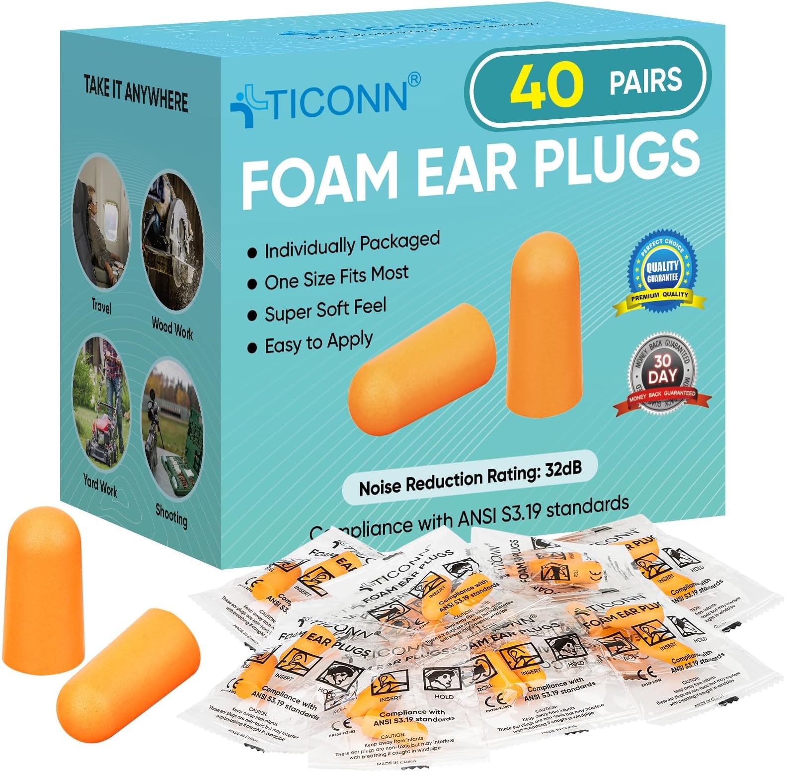40 Pairs Foam Ear Plugs, Individually Wrapped 32dB NRR Noise Reduction Earplugs for Sleeping Hearing Protection Travel Study Concentration Construction Site (40Pairs)