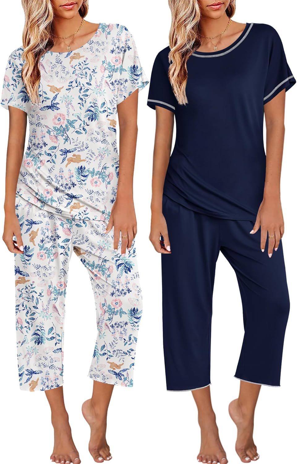 Ekouaer 2 Pack: Womens Pajamas Short Sleeve Sleepwear Tops and Capri Pants Pjs Print Pajama Sets