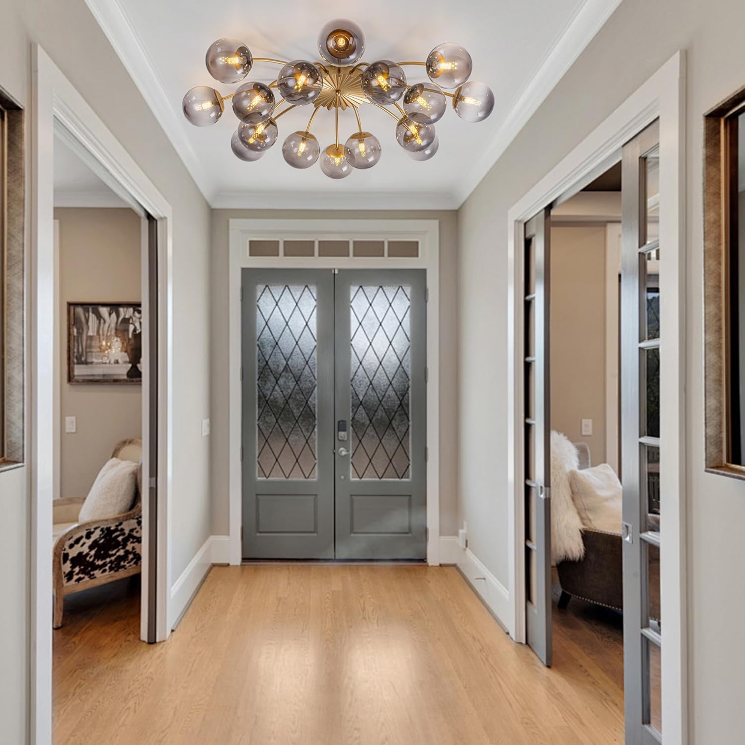 Longree Bloom Smoked Glass Globe Sputnik Chandeliers 16-Light Mid Century Gold Sputnik Chandeliers Bubble Flush Mount Ceiling Light Fixture Farmhouse Industrial Sunburst Chandelier Light Fixture