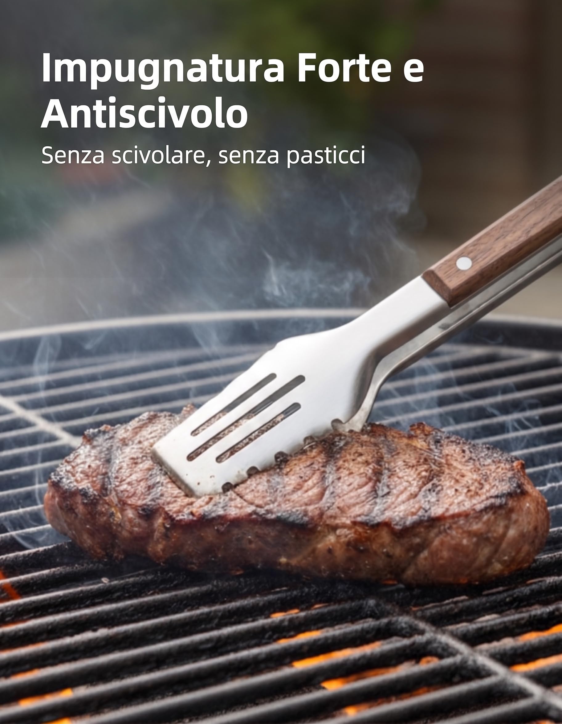 Pinza Barbecue 43 cm Acciaio Inossidabile 304 con Manico in Legno di Noce - Pinze BBQ Extra Lunghe con Punte Dentate e Fessure per Scolare, Anello di Blocco e Custodia Regalo by Stone & Clark