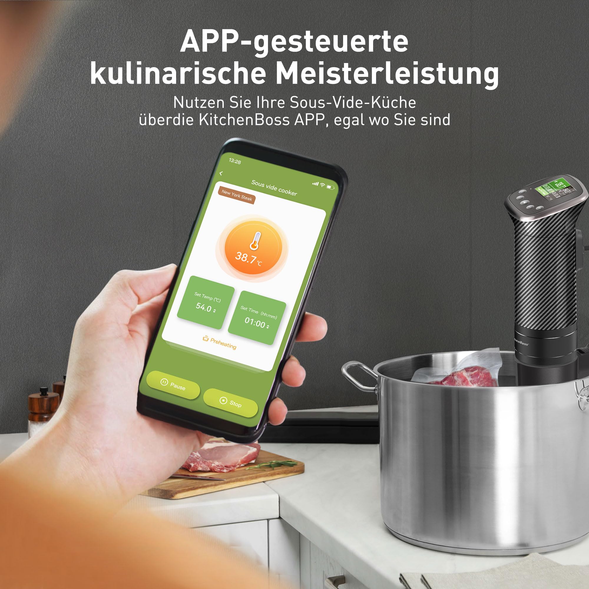 KitchenBoss Sous Vide Stick Garer：WiFi Präzisionskocher App-Steuerung Sous Vide Stab 1100W Zirkulation 40℃-90℃ Temperaturbereich IPX7 Wasserdicht TFT Touch Display Ultra-leise Tauchzirkulator