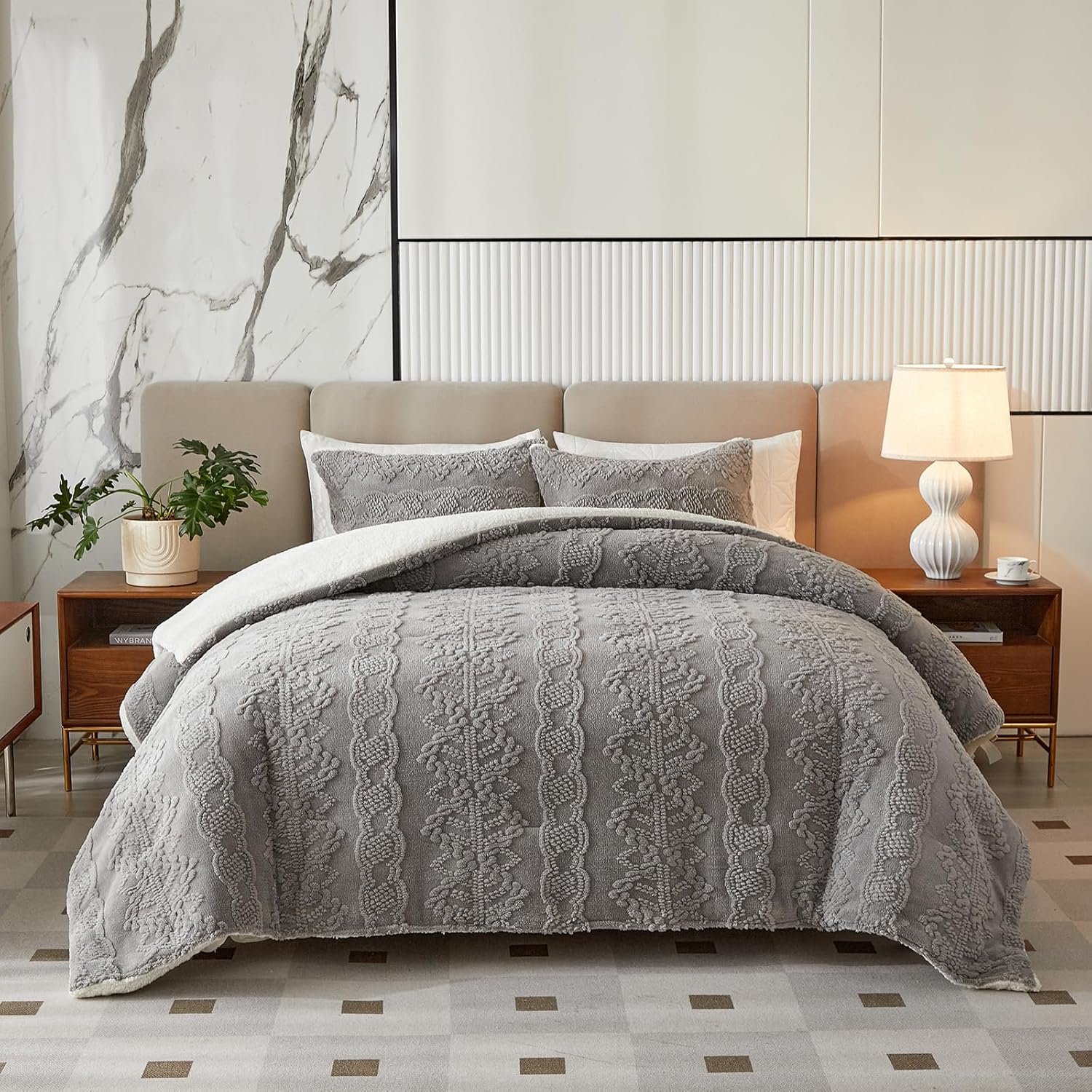 Luxury Flannel Fleece Sherpa Comforter Set Full/Queen Size, Jacquard Boho Stripes Down Alternative Comforter Grey, 3 Pieces Ultra Soft and Warm Bedding Set for Winter (1 Comforter + 2 Pillowcases) - Image 3