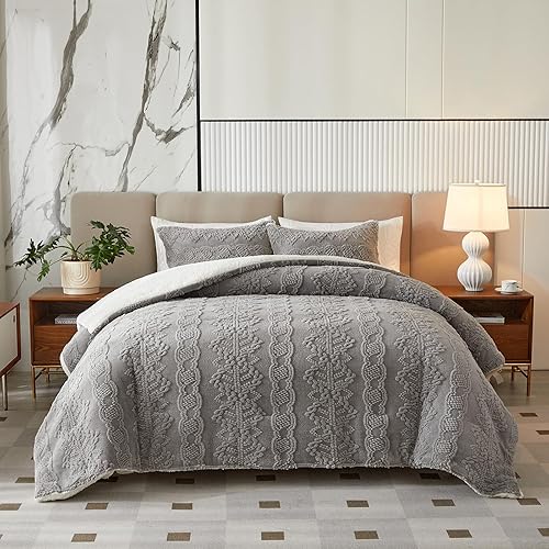 Miniatura 3 de Juego de edredón de lujo de franela de forro polar Sherpa tamaño matrimonialQueen, edredón jacquard bohemio a rayas de plumón alternativo caqui,