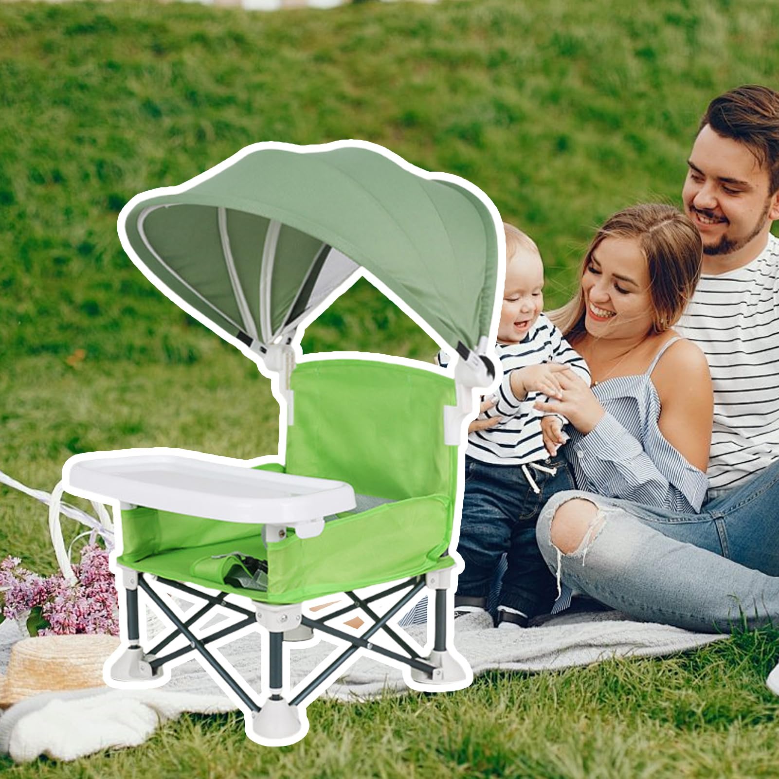 Chaise Portable Pour Bébé Repas Siège de avec Plateau pour Jeune Enfant | Siège Bébé Pliable Avec Auvent Anti-Pour Maison Extérieur Pique-Nique Pelouse Camping