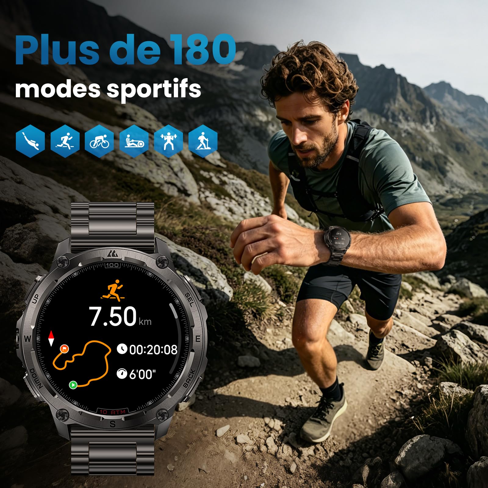 KOSPET Tank T4 Special Edition, Montre Connectée Homme, GPS, Bracelet Acier | Cartes Hors Ligne, Acier Inoxydable, Étanchéité 10 ATM, Plongée 45M, IP69K, Moniteur de Fréquence Cardiaque & Sommeil, AMOLED