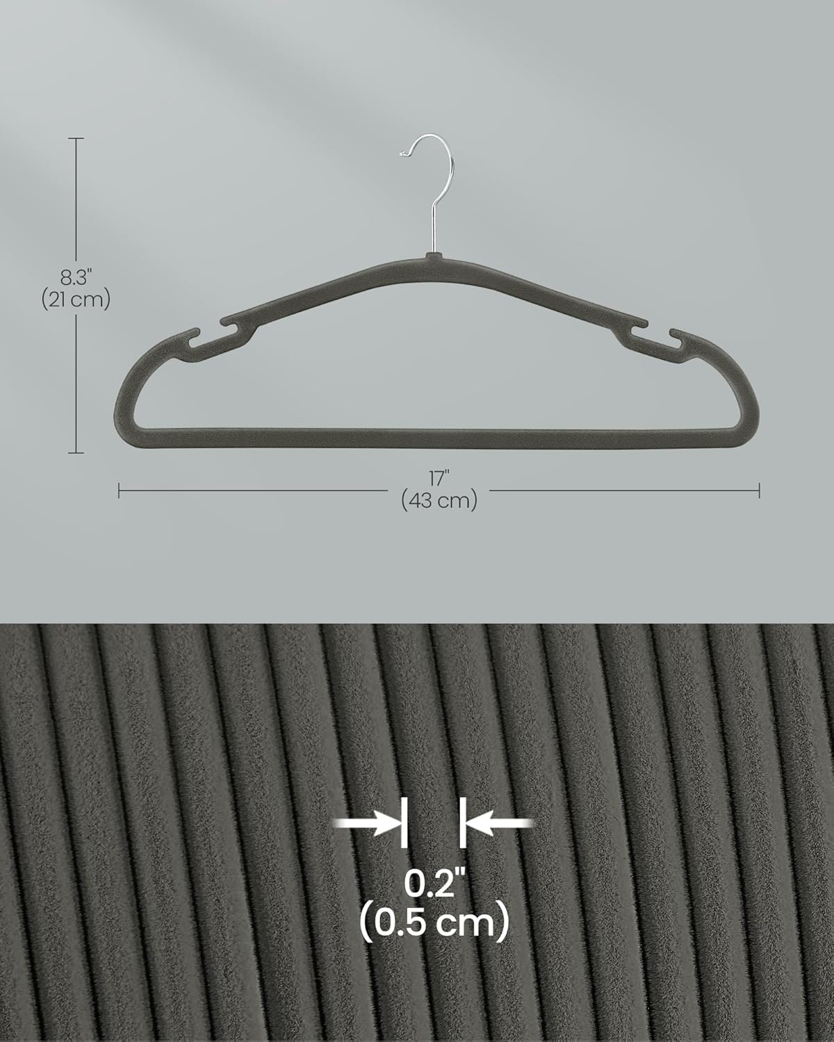 SONGMICS Velvet Hangers 50 Pack, Non-Slip Clothes Hangers, 17 x 8.3 Inches, Coat Hangers with Wide Shoulder Notches, Pants Bar, 360° Swivel Hook, Space-Saving, for Closet, Gray UCRF039G02 - Image 5