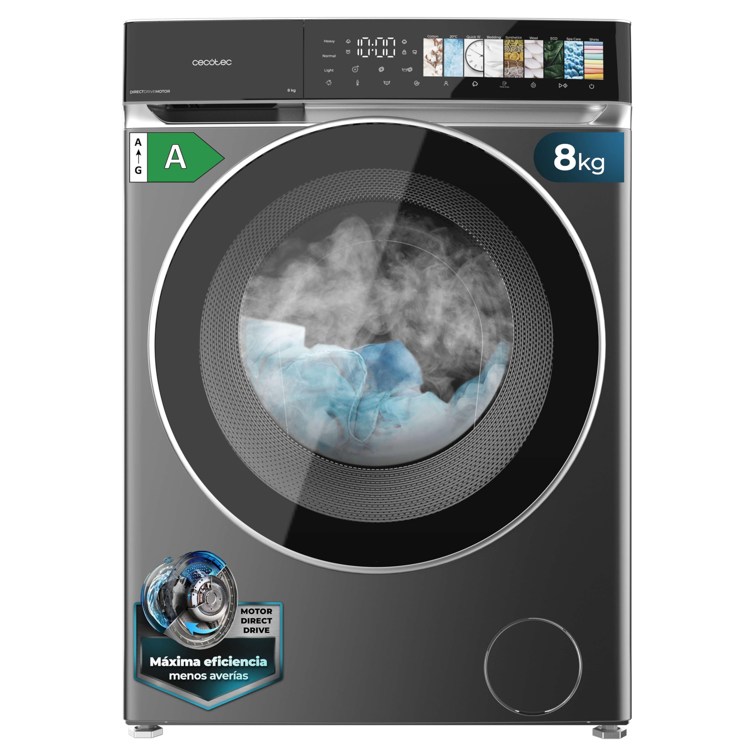Cecotec Lavadora 8Kg Carga Frontal Bolero DressCode 8970 Direct Drive Steel. Motor Direct Drive, 1400RPM, 11 Programas, PantallaFullColor, Puerta XXL, Función Vapor, Luz Interior, Stop&Go, Steel