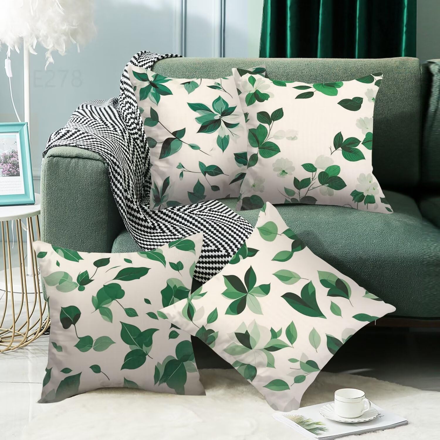 Verde salvia Federe Cuscini Divano 65x65cm,4 Pack Pianta Estate Esterno Cuscini per Divano,Doppio Lato Quadrato Morbido Cuscini Divano,per Divano Soggiorno Sedia Autunno Dekoration Cuscino LY-278