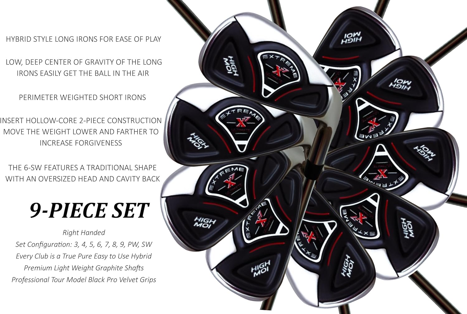 High MOI +2 inch Over XL Big & Tall Senior Men's Complete 9-Piece Iron Set (3-SW) Right Handed Senior Flex A Flex Club (Tall 6'3"+ / +2" Over) with Jumbo Black Pro Velvet Grip