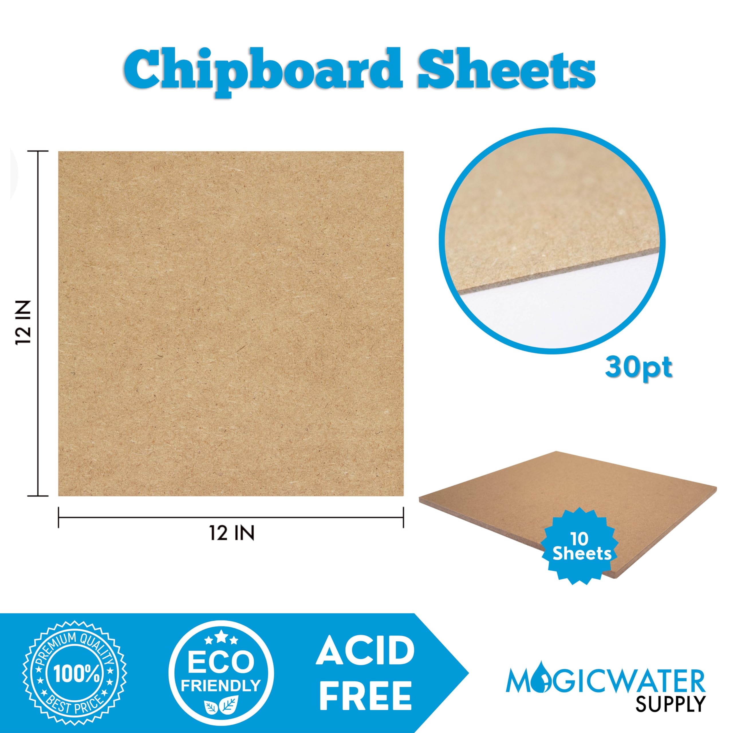 10 Chipboard Sheets 12 x 12 inch - 30pt (point) Medium Weight Brown Kraft Cardboard for Scrapbooking & Picture Frame Backing (.030 Caliper Thick) Paper Board | MagicWater Supply