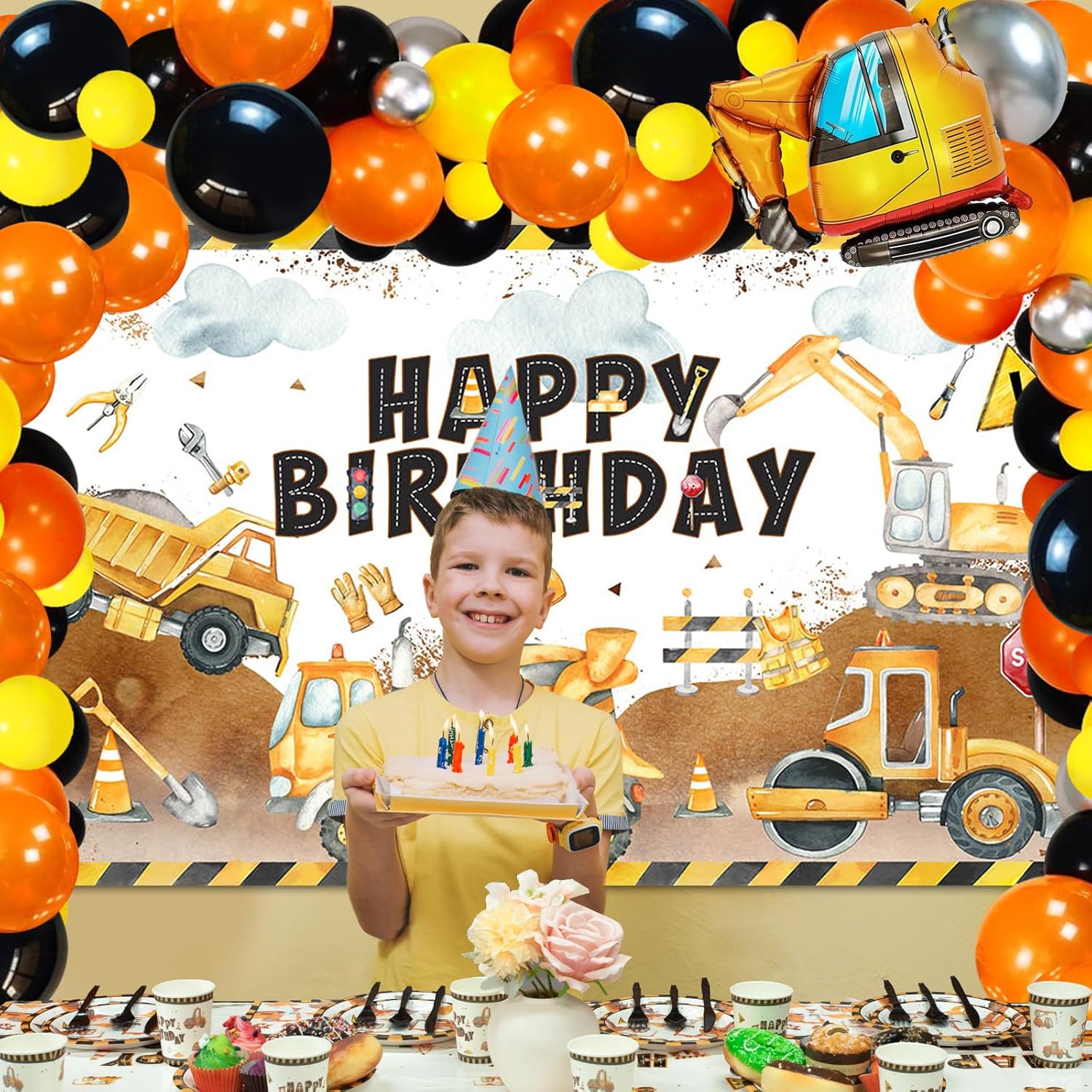 Construction Birthday Party Supplies 251 PCS Construction Birthday Banner Balloons Plates Napkins Cups Tablecloth Set for Kids Dump Truck Excavator Party Decorations - Image 4