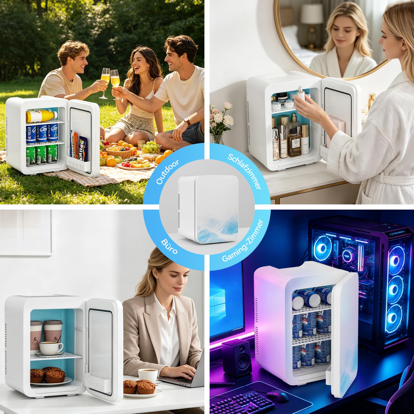 Mini Kühlschrank 20L,2 in 1 Kleiner Kühlschrank,mit Eleganter Glasfront,220V AC/12V DC,Mini-Kühlschränke,Tragbarer Skincare Fridge für Kosmetik,Getränke,für Auto/Büro/Camping,Blau+Weiß