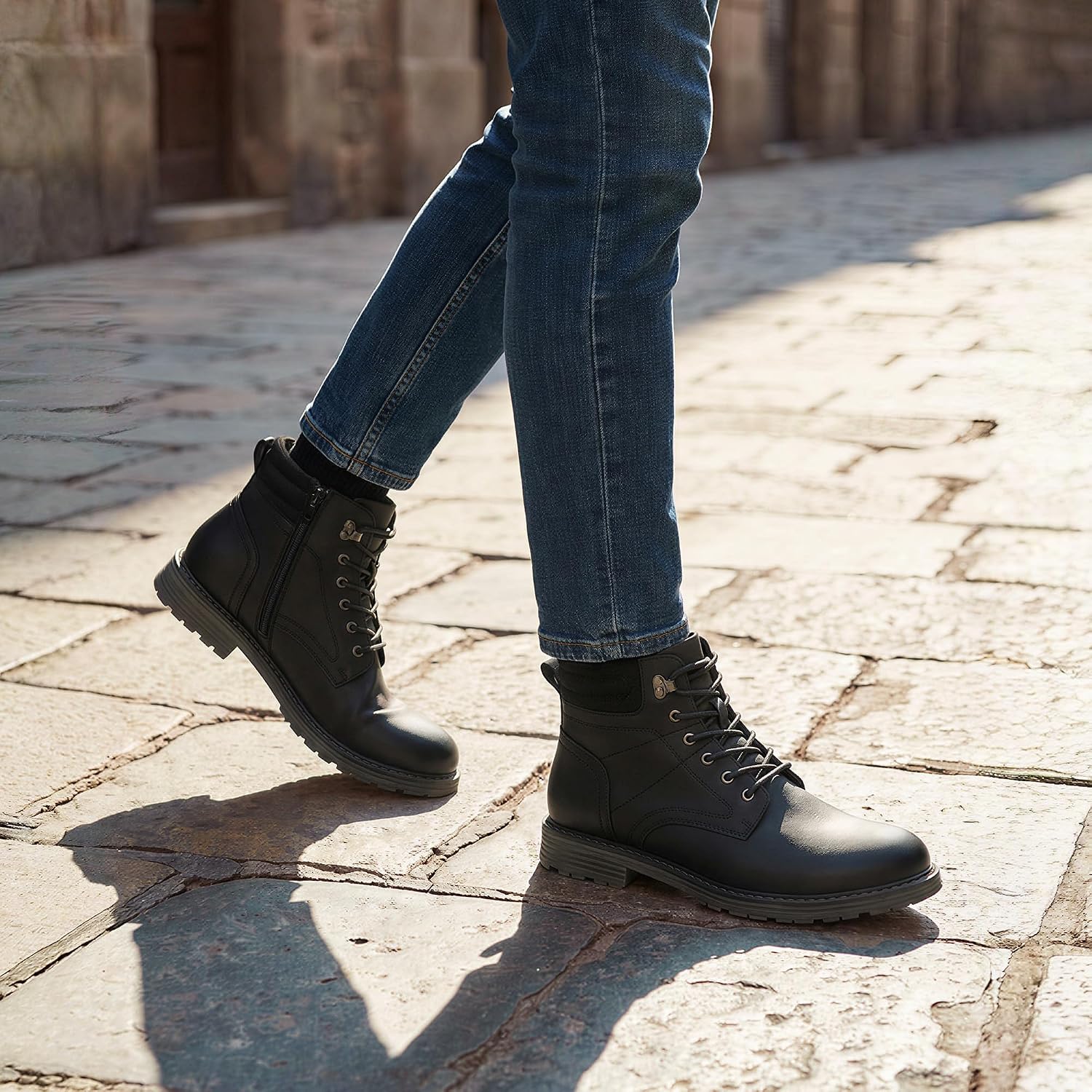 Mens Casual Boots, Lightweight Ankle Boots with Side Zipper and Buckle, Stylish Chukka Boots with Non-Slip Rubber Sole for Hiking, Daily Wear